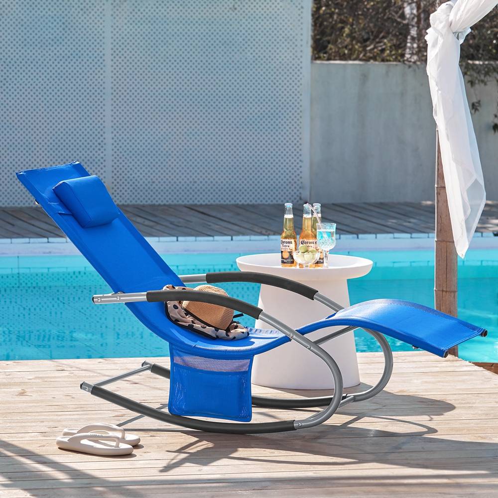 Bain de Soleil Transat de Jardin avec Appui-tête et Pochette latérale et Repose-Pieds Bleu Royal L.150 x l.63 x H.83 cm SoBuy - Image 8