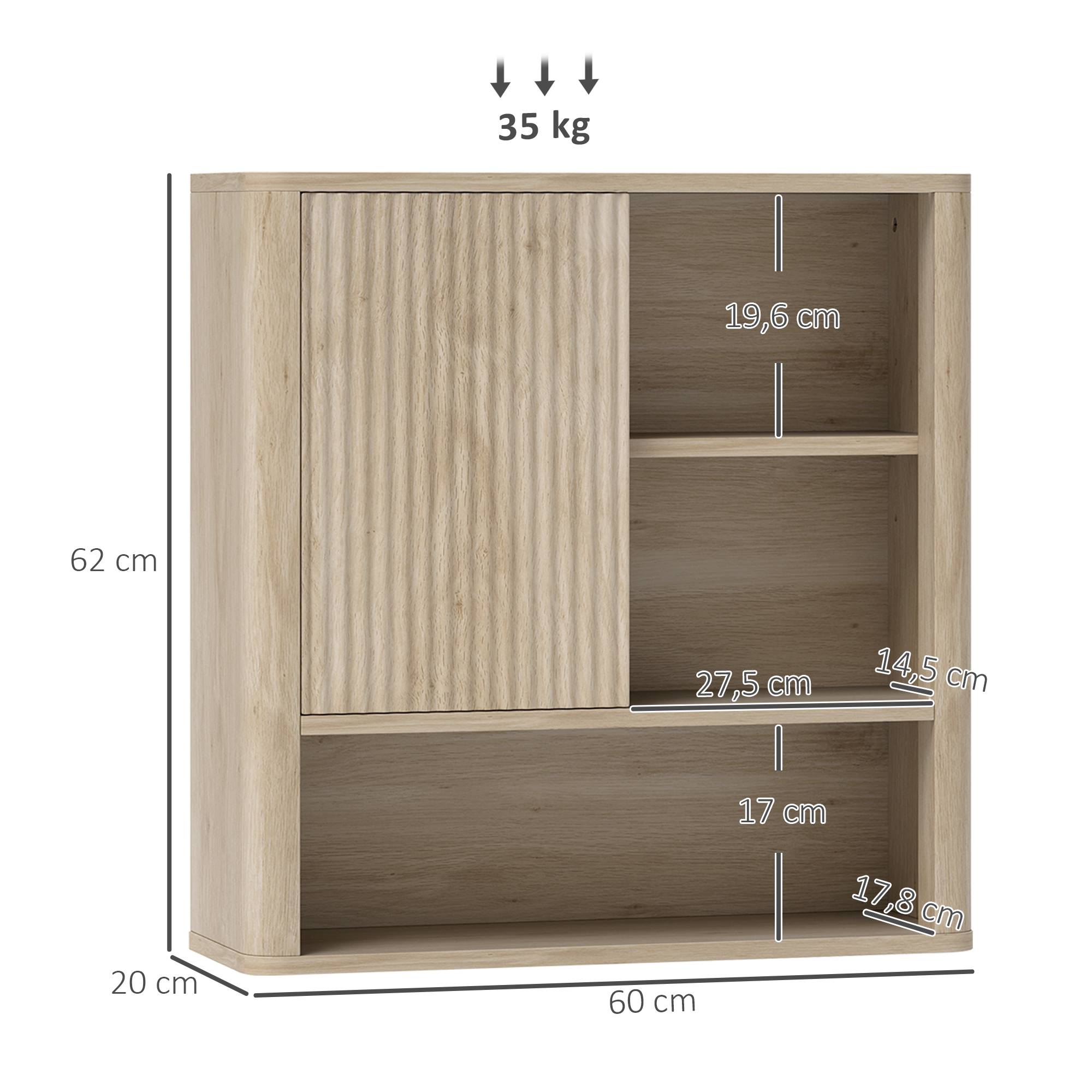 Sans Marque - Armoire murale salle de bain avec étagères réglables, porte coulissante et étagères ouvertes, bois naturel - Image 5