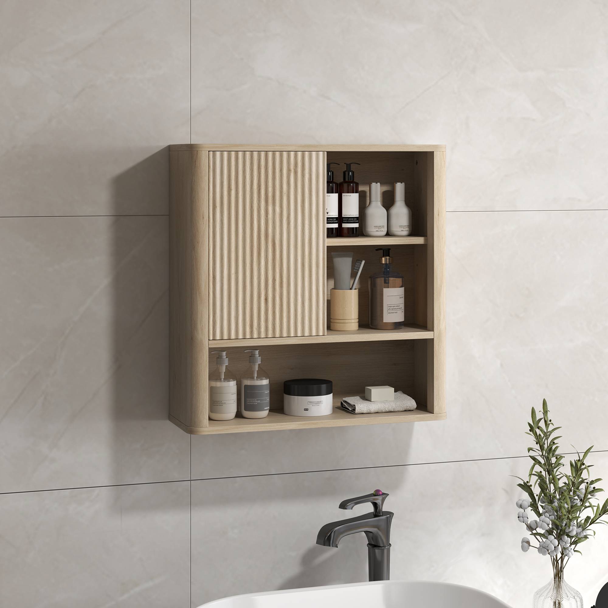 Sans Marque - Armoire murale salle de bain avec étagères réglables, porte coulissante et étagères ouvertes, bois naturel - Image 4