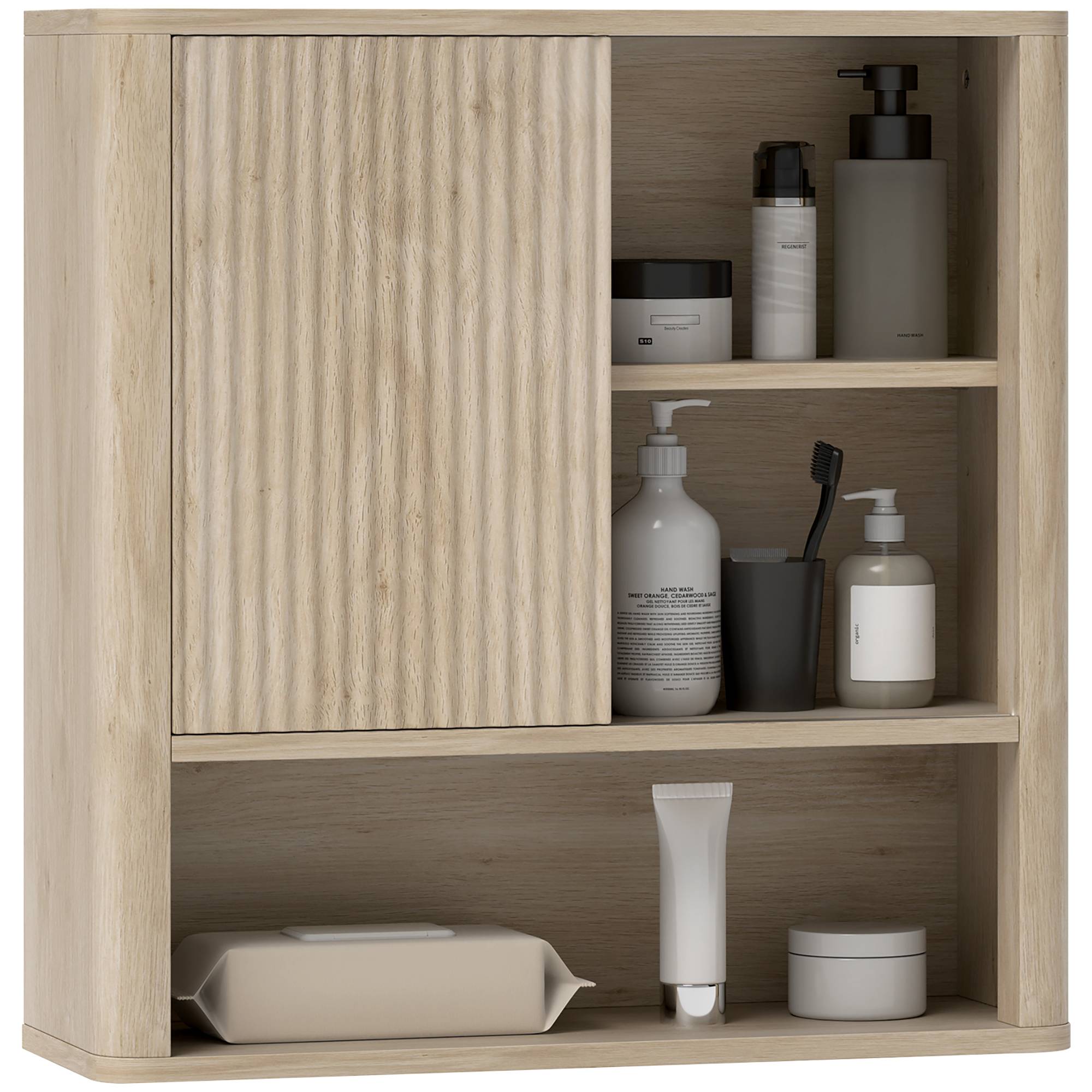 Sans Marque - Armoire murale salle de bain avec étagères réglables, porte coulissante et étagères ouvertes, bois naturel - Image 1