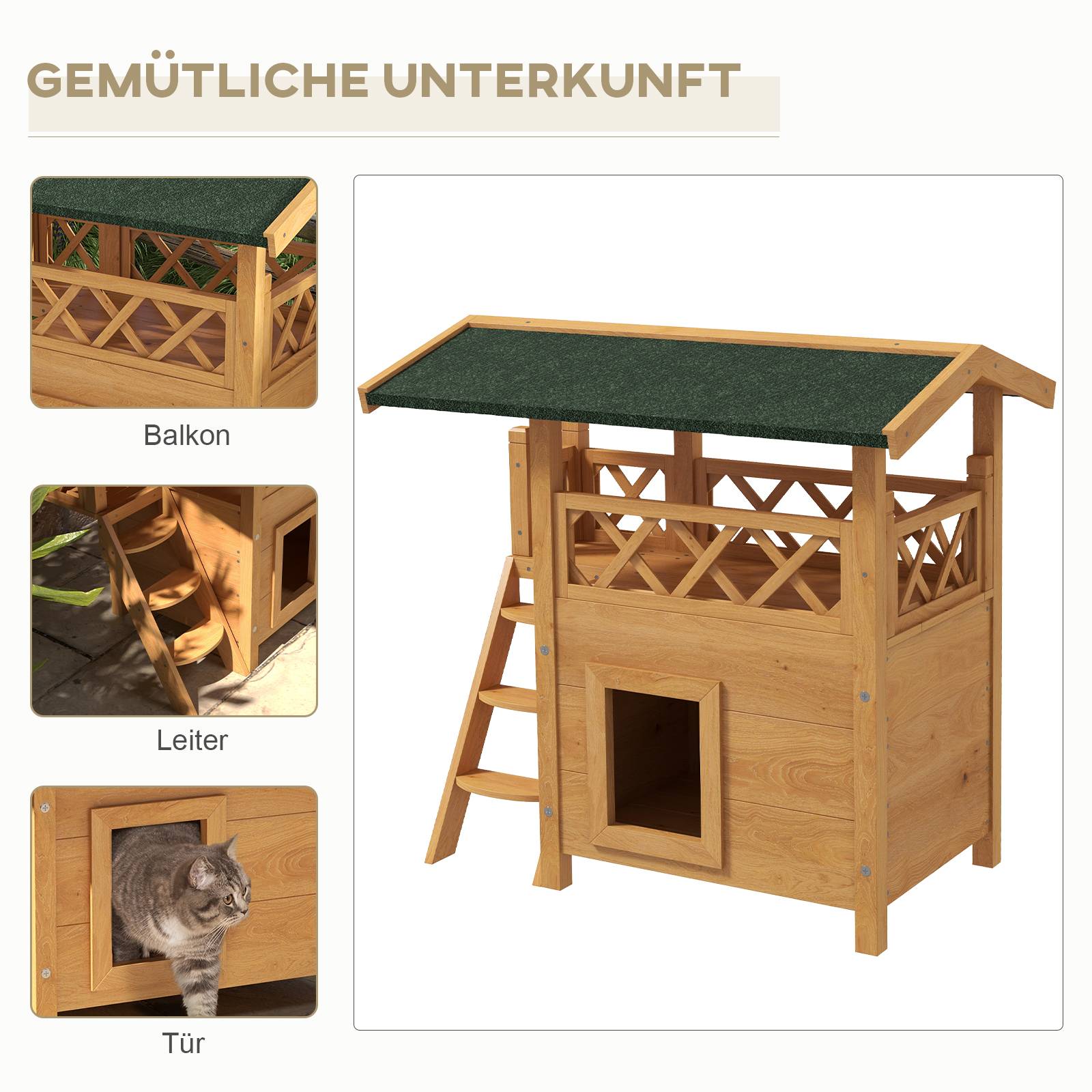Sans Marque - Maison chat cabane animal toit bitume 2 niveaux 1 échelle, Naturel+Vert - Image 6