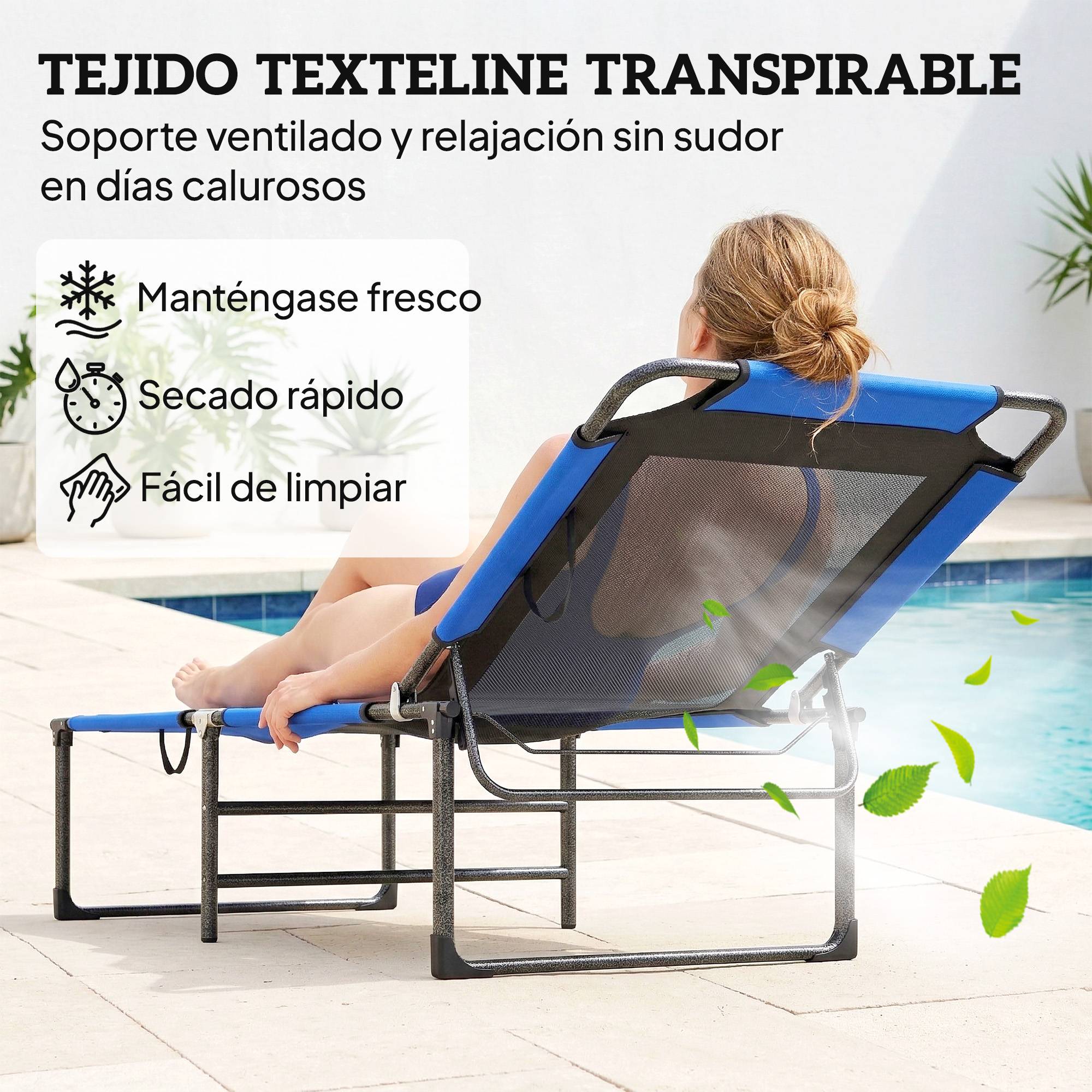 Transat pliant avec dossier réglable 4 positions, poignées et dossier en textilène, capacité de charge 120 kg, 175 x 58 x 68 cm, bleu - Image 8