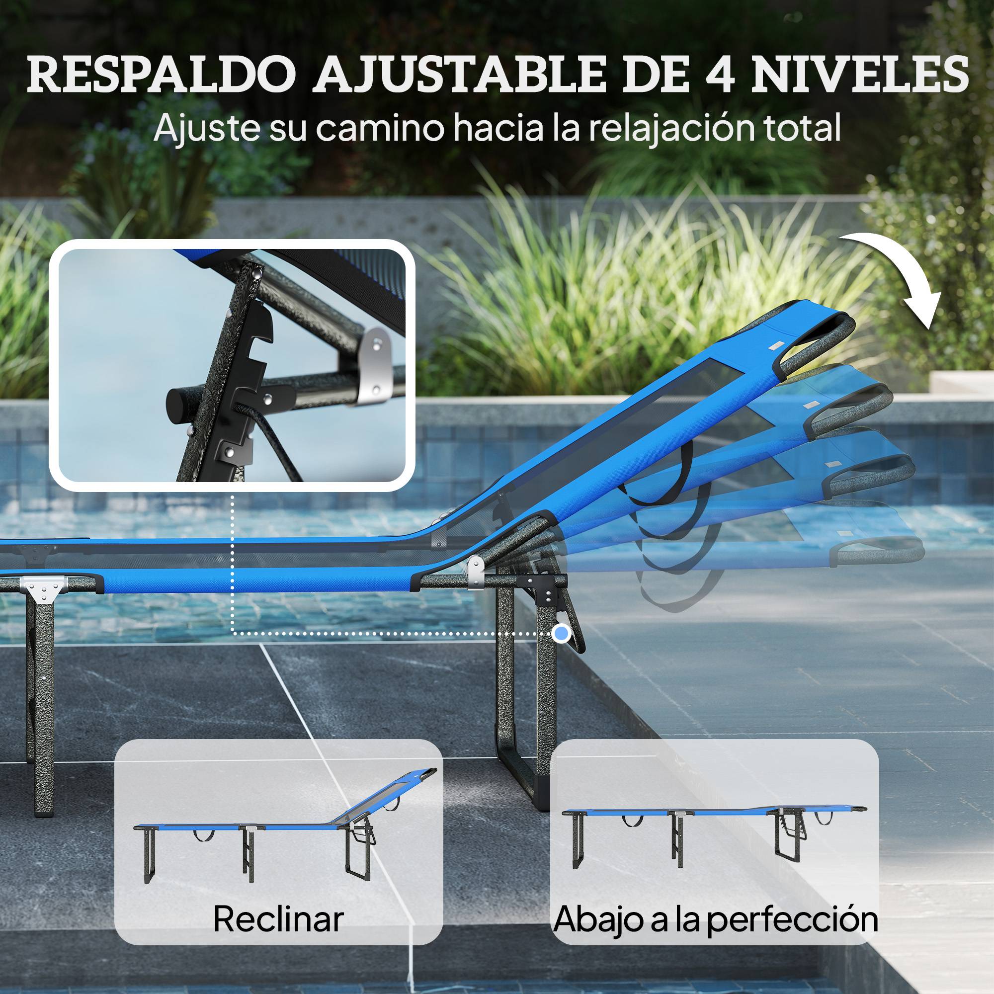 Transat pliant avec dossier réglable 4 positions, poignées et dossier en textilène, capacité de charge 120 kg, 175 x 58 x 68 cm, bleu - Image 6