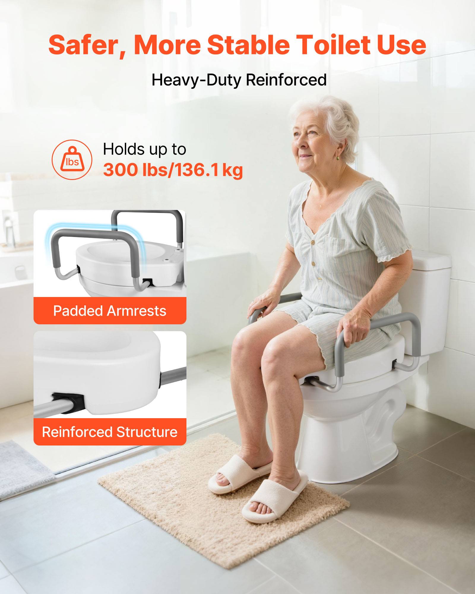 Vevor - VEVOR Rehausseur de toilette avec accoudoirs rembourrés, +8,89 cm, capacité 136 kg, siège PEHD, cadre aluminium, compatible toilettes allongées. - Image 4
