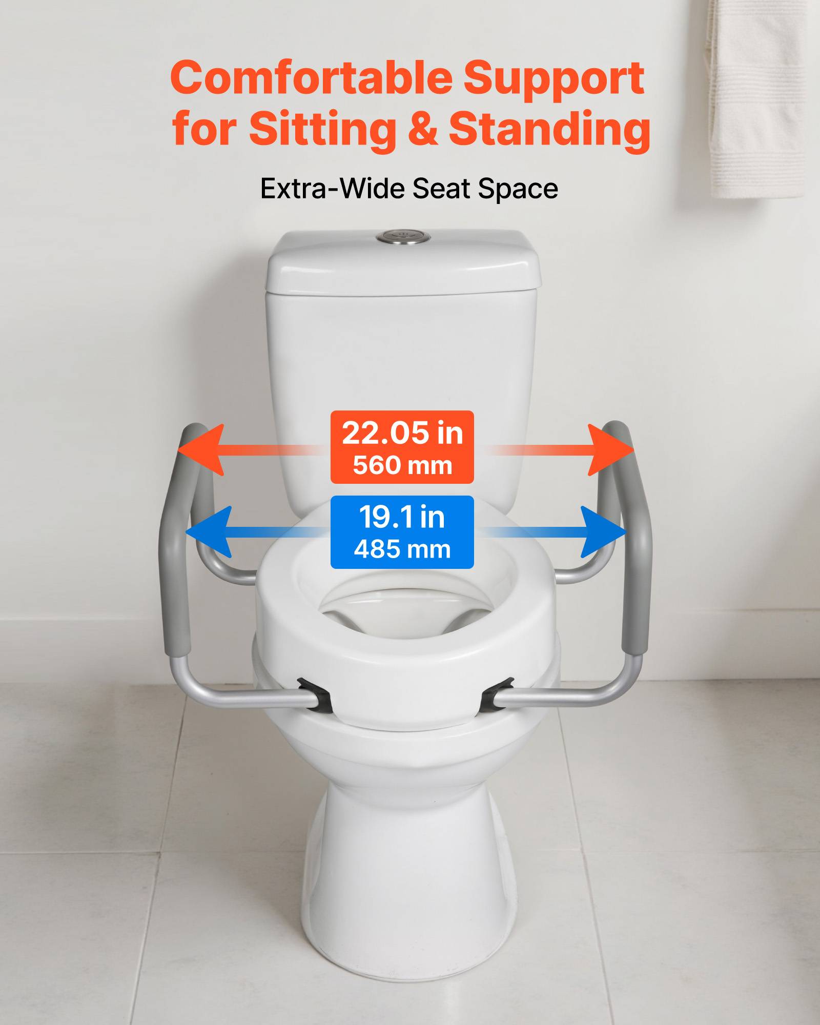 Vevor - VEVOR Rehausseur de toilette avec accoudoirs rembourrés, +8,89 cm, capacité 136 kg, siège PEHD, cadre aluminium, compatible toilettes allongées. - Image 7