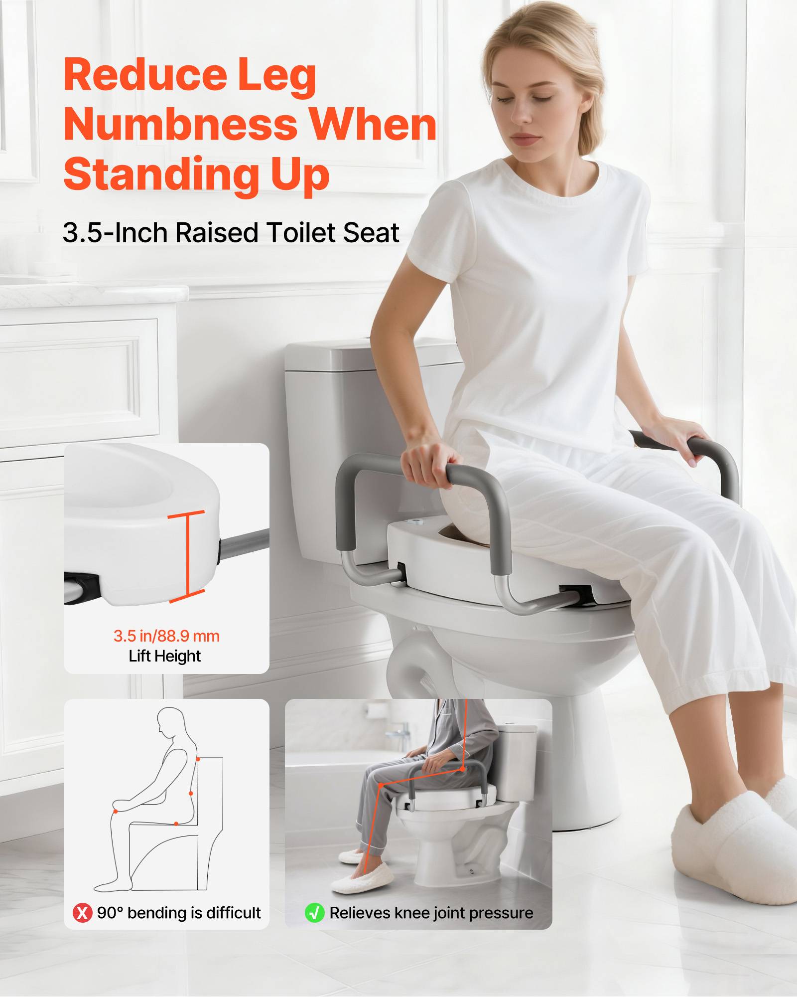 Vevor - VEVOR Rehausseur de toilette avec accoudoirs rembourrés, +8,89 cm, capacité 136 kg, siège PEHD, cadre aluminium, compatible toilettes allongées. - Image 2