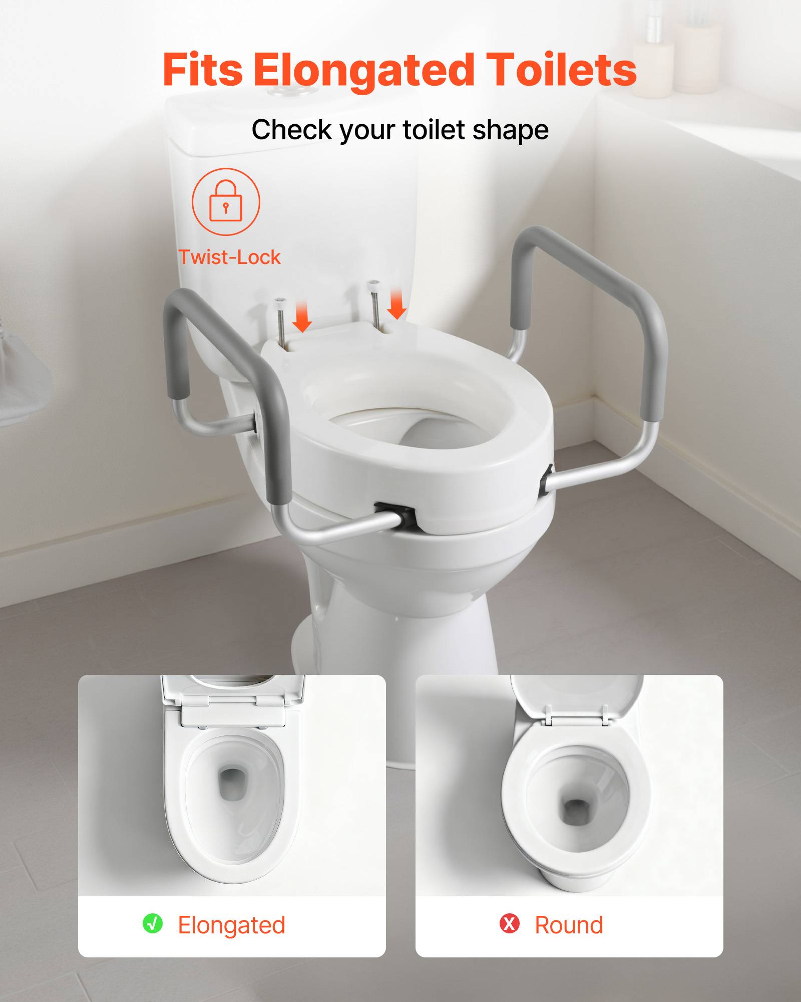 Vevor - VEVOR Rehausseur de toilette avec accoudoirs rembourrés, +8,89 cm, capacité 136 kg, siège PEHD, cadre aluminium, compatible toilettes allongées. - Image 3