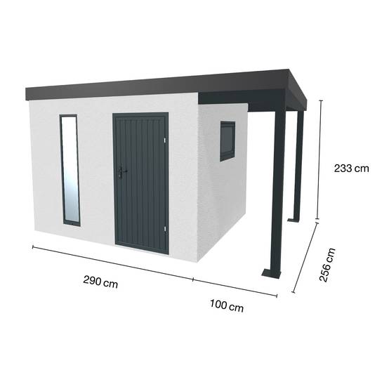 Abri de jardin en métal finition crépi 2900 x 2560 mm blanc avec auvent à droite 1000 x 2560 mm anthracite - Image 1