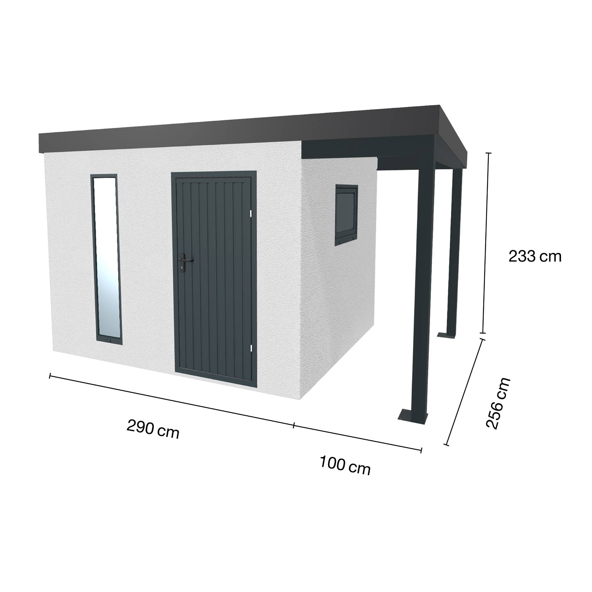 Abri de jardin en métal finition crépi 2900 x 2560 mm blanc avec auvent à droite 1000 x 2560 mm anthracite - Image 1
