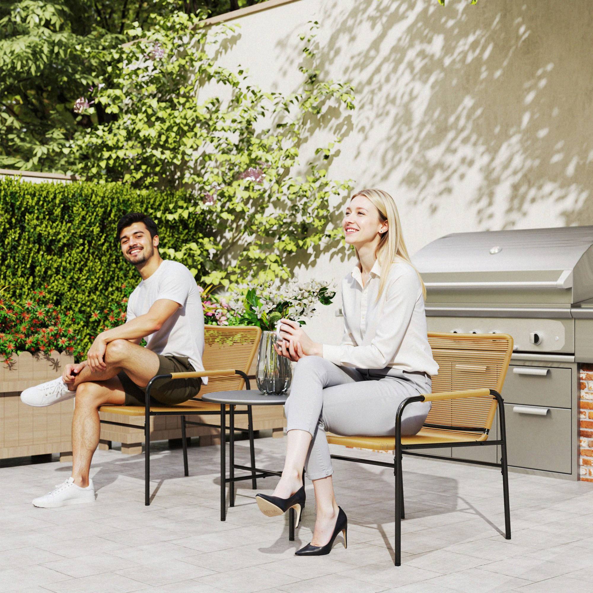 Ensemble bistro rotin 3 pièces : 2 fauteuils + table 54x66x76 cm, jaune, design jardin - Image 8