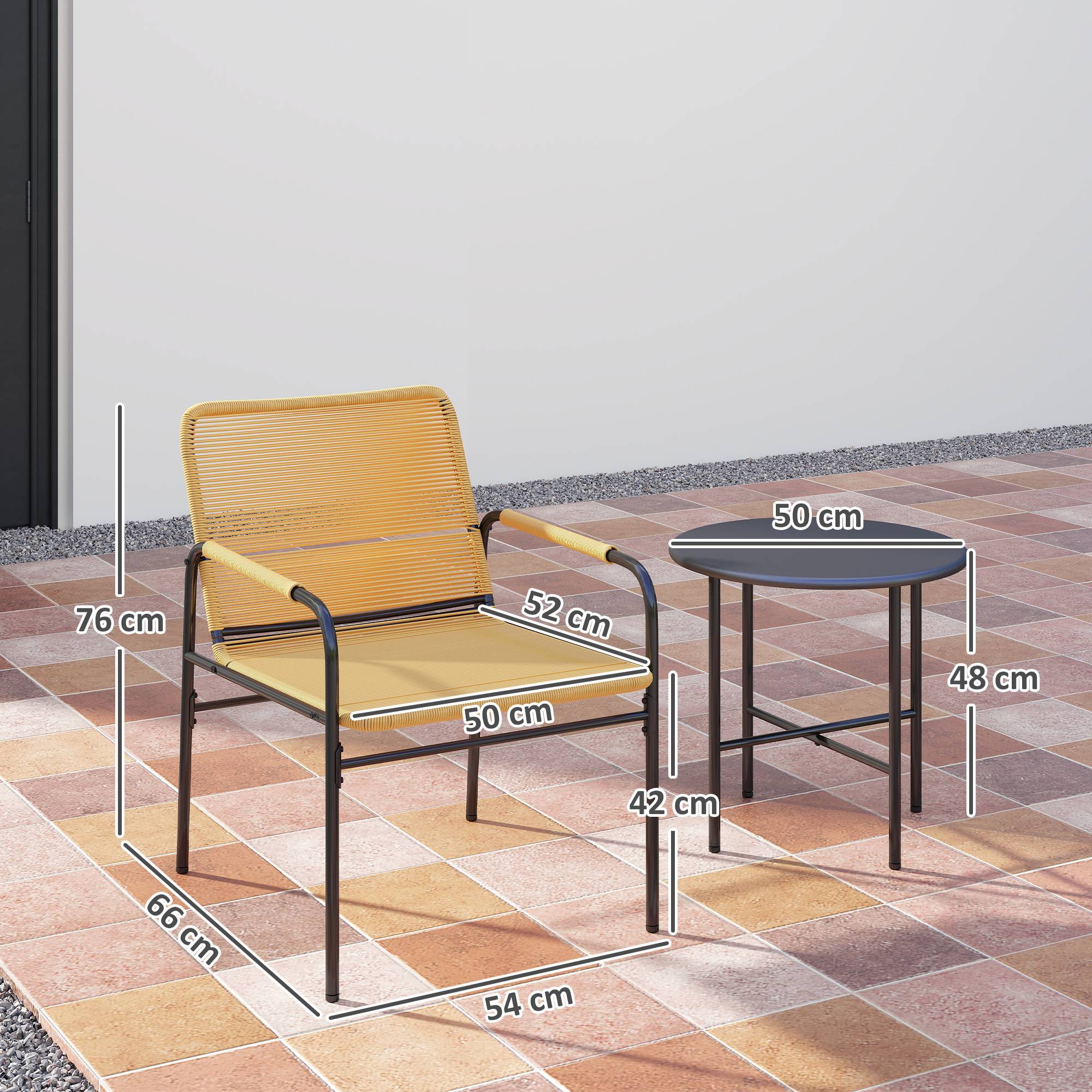 Ensemble bistro rotin 3 pièces : 2 fauteuils + table 54x66x76 cm, jaune, design jardin - Image 3
