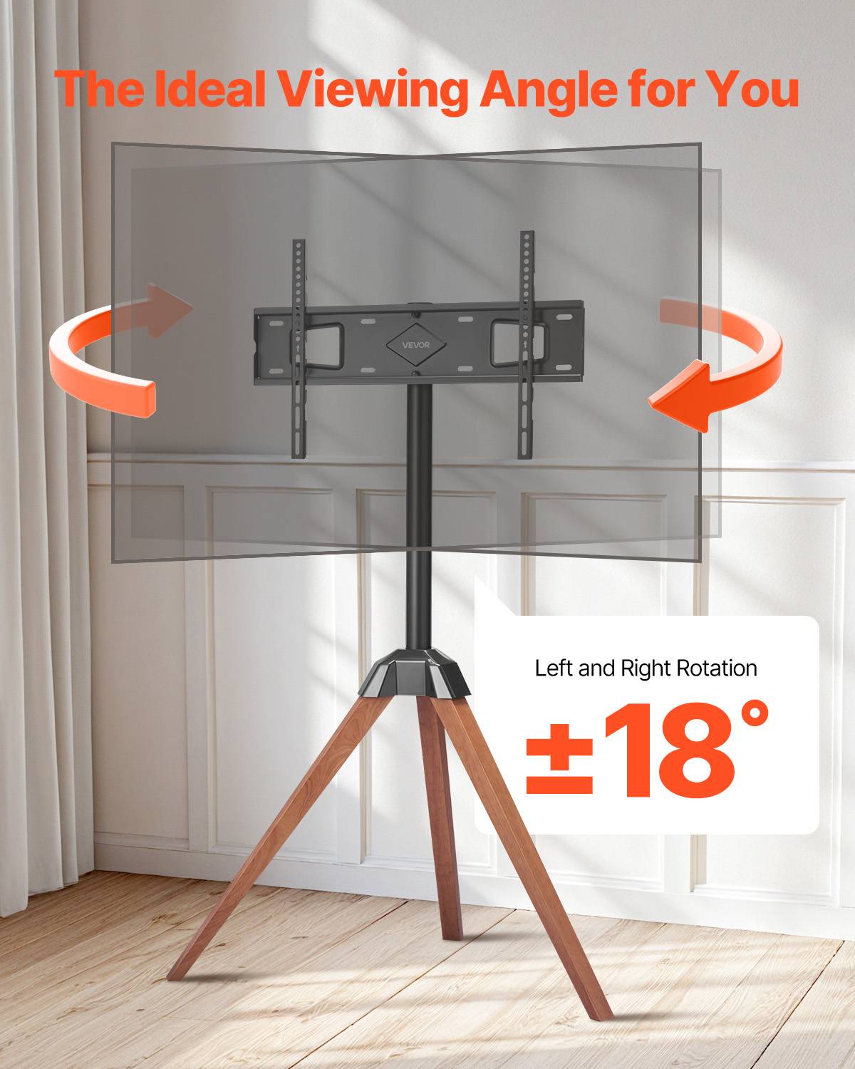 VEVOR Support TV trépied pour écrans 102-165cm, pieds chêne, charge 45kg, VESA 600x400mm, pour intérieur. - Image 4