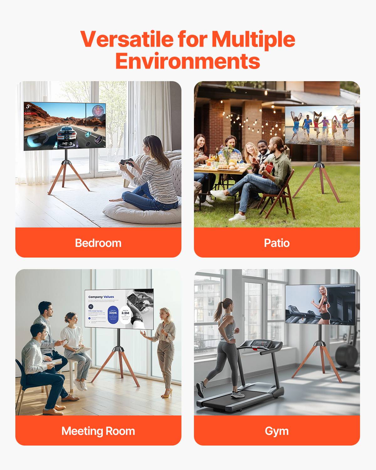 VEVOR Support TV trépied pour écrans 102-165cm, pieds chêne, charge 45kg, VESA 600x400mm, pour intérieur. - Image 6