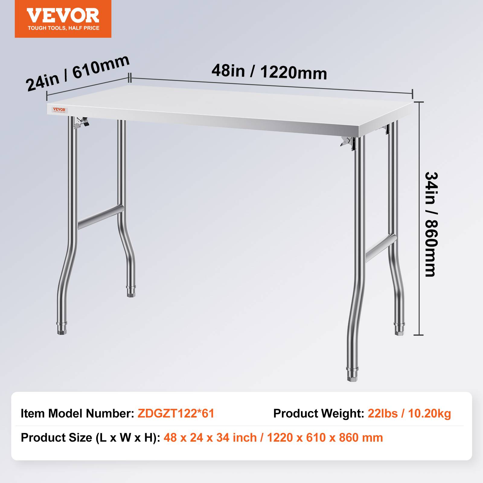 Vevor - VEVOR Table travail cuisine pliante inox 1 étage 1220x610mm, charge 300kg, pieds réglables. - Image 7