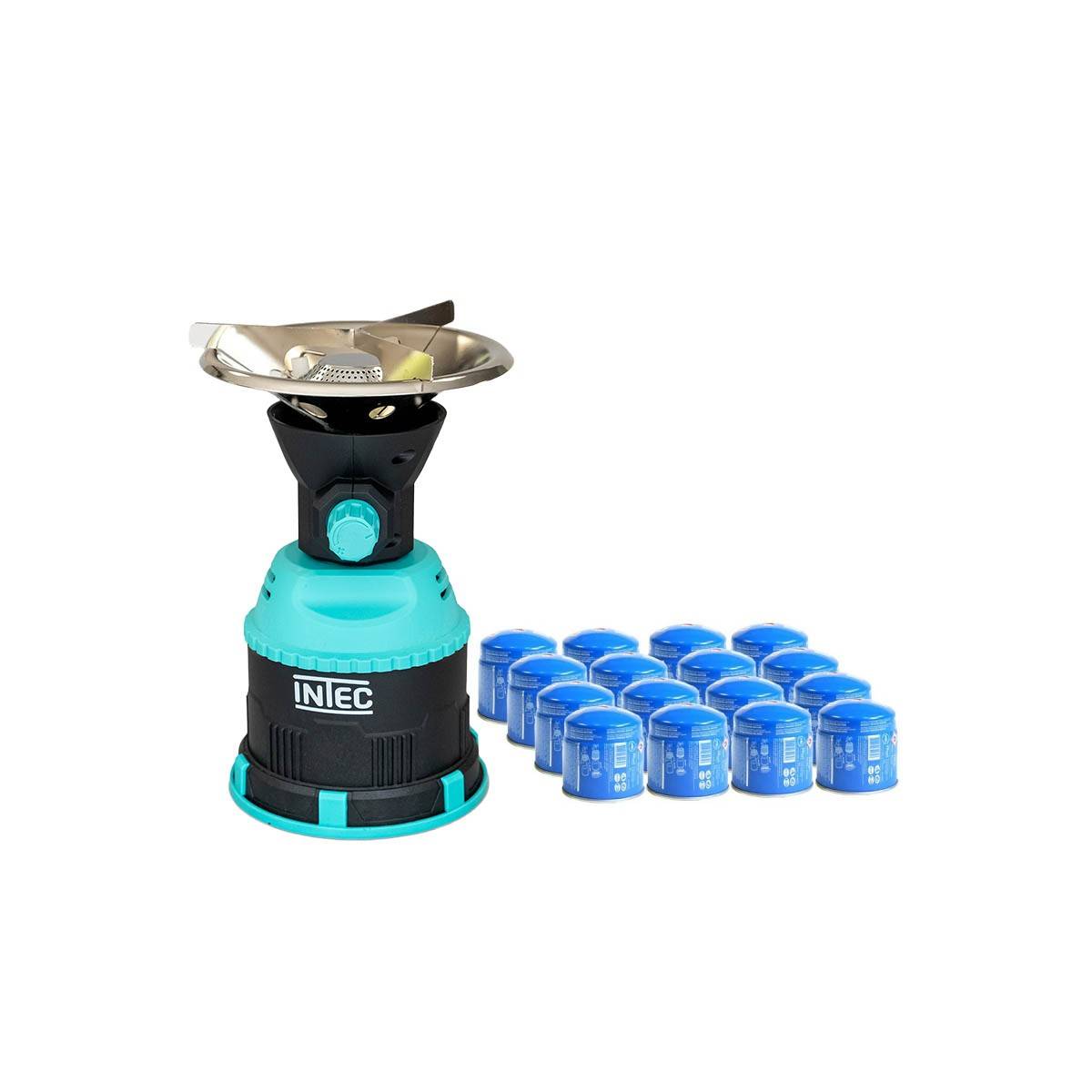 Rechaud gaz 1200W piezo Coque ABS + 16 Cartouches gaz 190 gr INTEC - Image 1