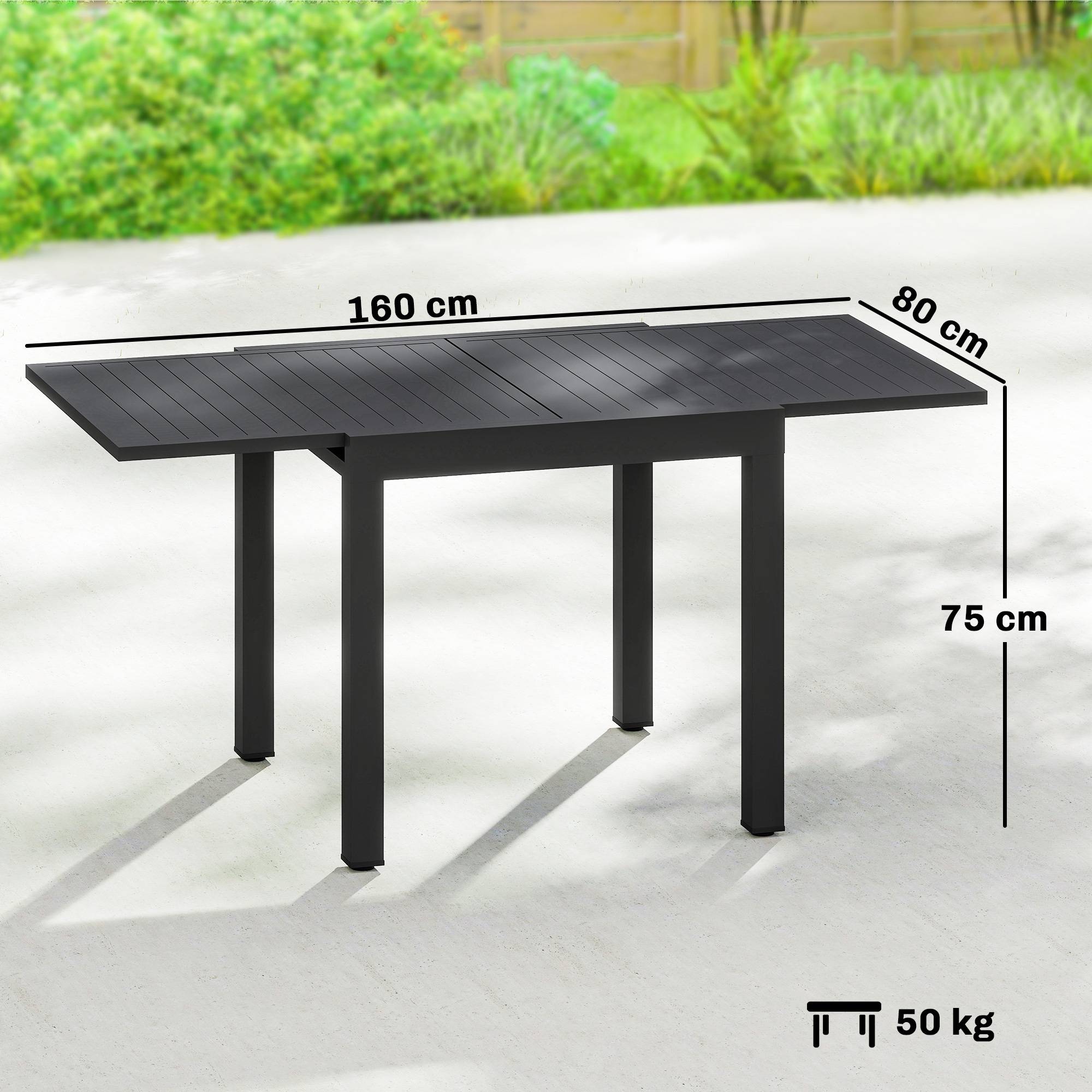 Sans Marque - Table de jardin extensible table extérieur pour 4-6 personnes avec rallonge auto-stockée aluminium 80-160 x 80 cm noir - Image 5