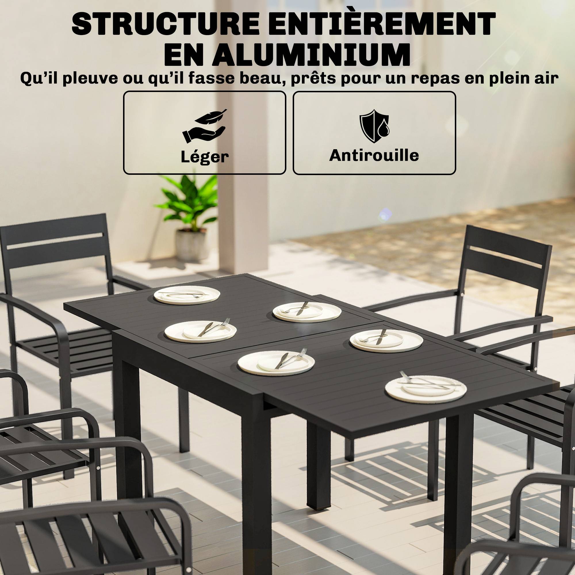 Sans Marque - Table de jardin extensible table extérieur pour 4-6 personnes avec rallonge auto-stockée aluminium 80-160 x 80 cm noir - Image 7