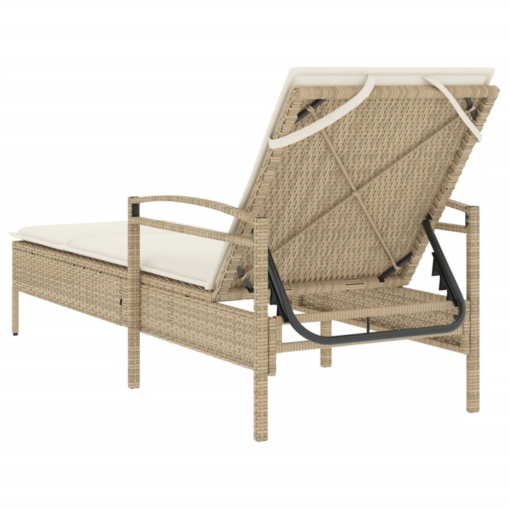 Chaise longue | Transat | Bain de soleil avec coussin beige 63x200x81 cm résine tressée - Image 6