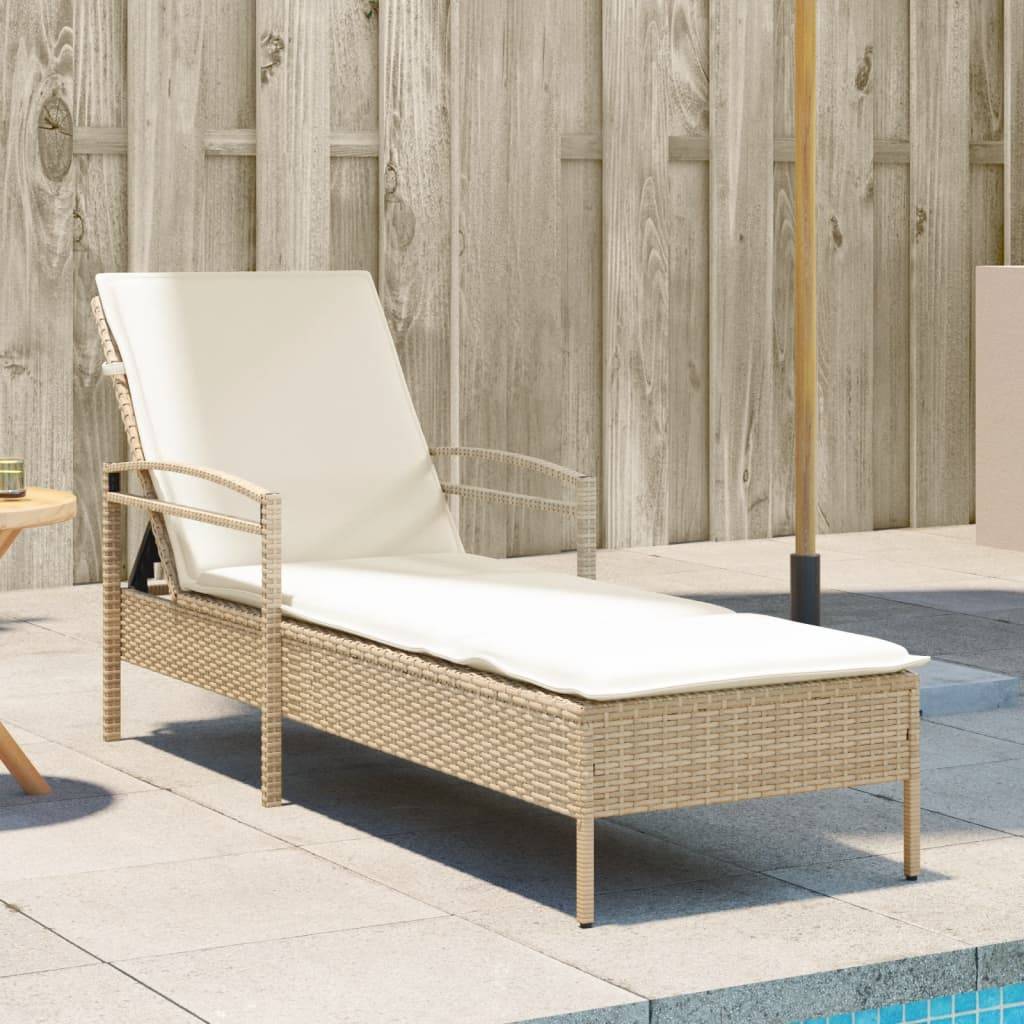 Chaise longue | Transat | Bain de soleil avec coussin beige 63x200x81 cm résine tressée - Image 2