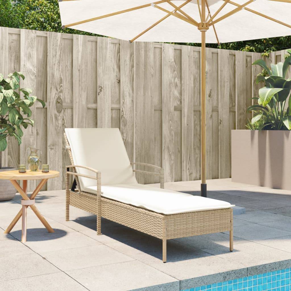 Chaise longue | Transat | Bain de soleil avec coussin beige 63x200x81 cm résine tressée - Image 3
