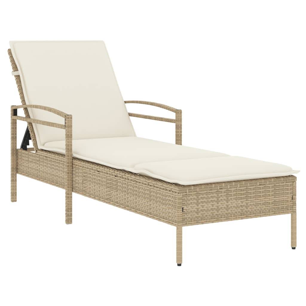 Chaise longue | Transat | Bain de soleil avec coussin beige 63x200x81 cm résine tressée - Image 1