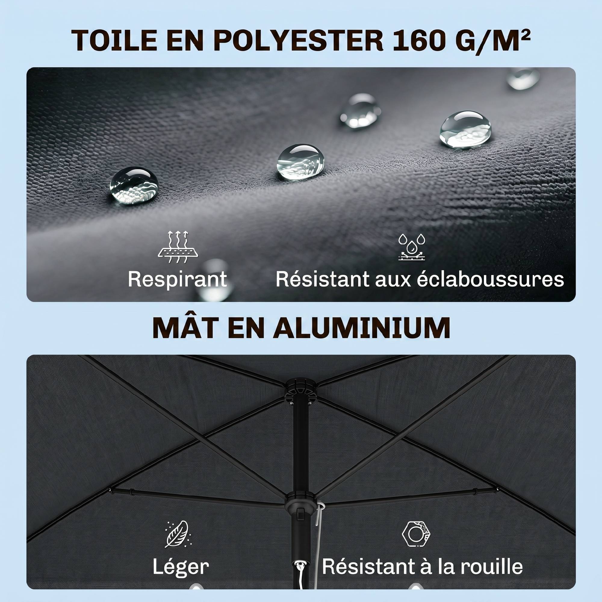 Parasol de jardin Parasol droit rectangulaire inclinable alu métal polyester haute densité 2 x 1,3 m gris - Image 6