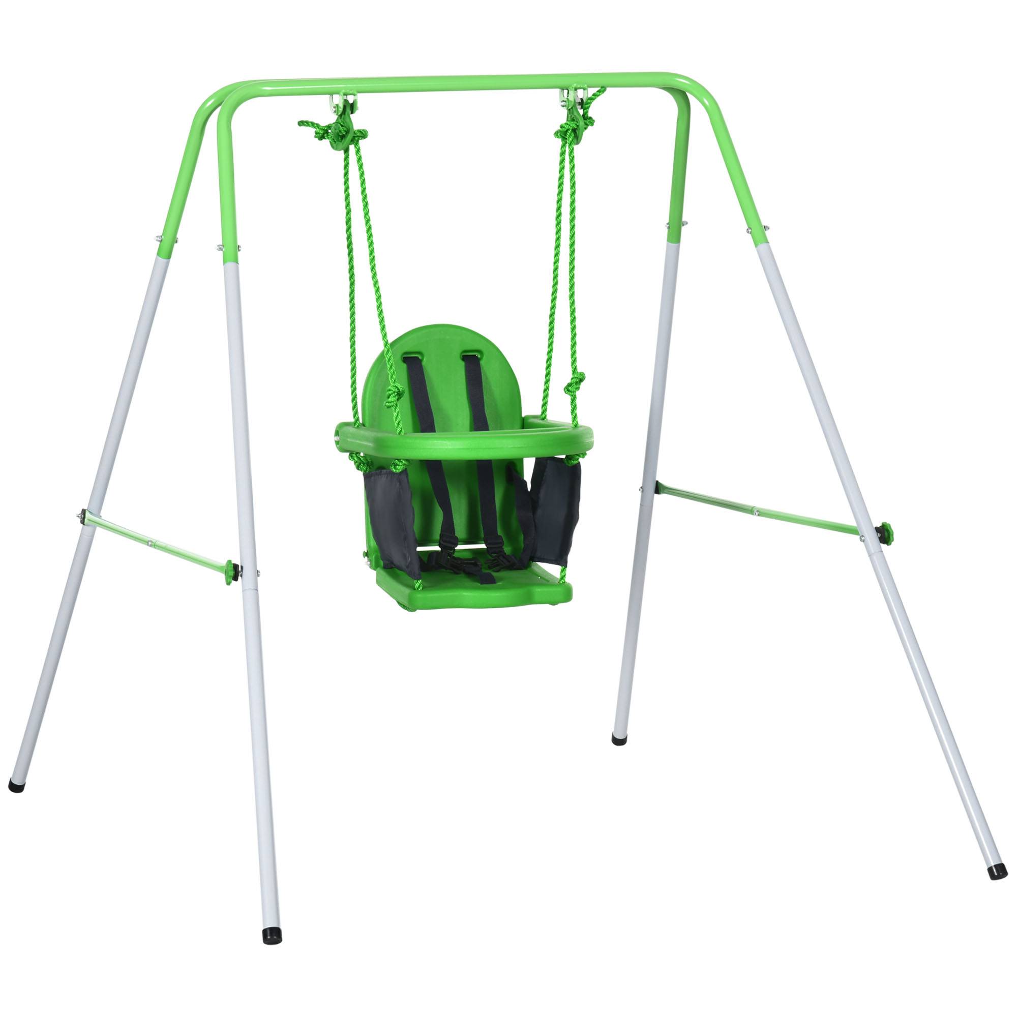 Outsunny - Portique balançoire enfant 6-36 mois - siège haut, accoudoirs, ceinture sécurité 2 points, barre protection - métal époxy blanc vert - Outsunny - Image 1