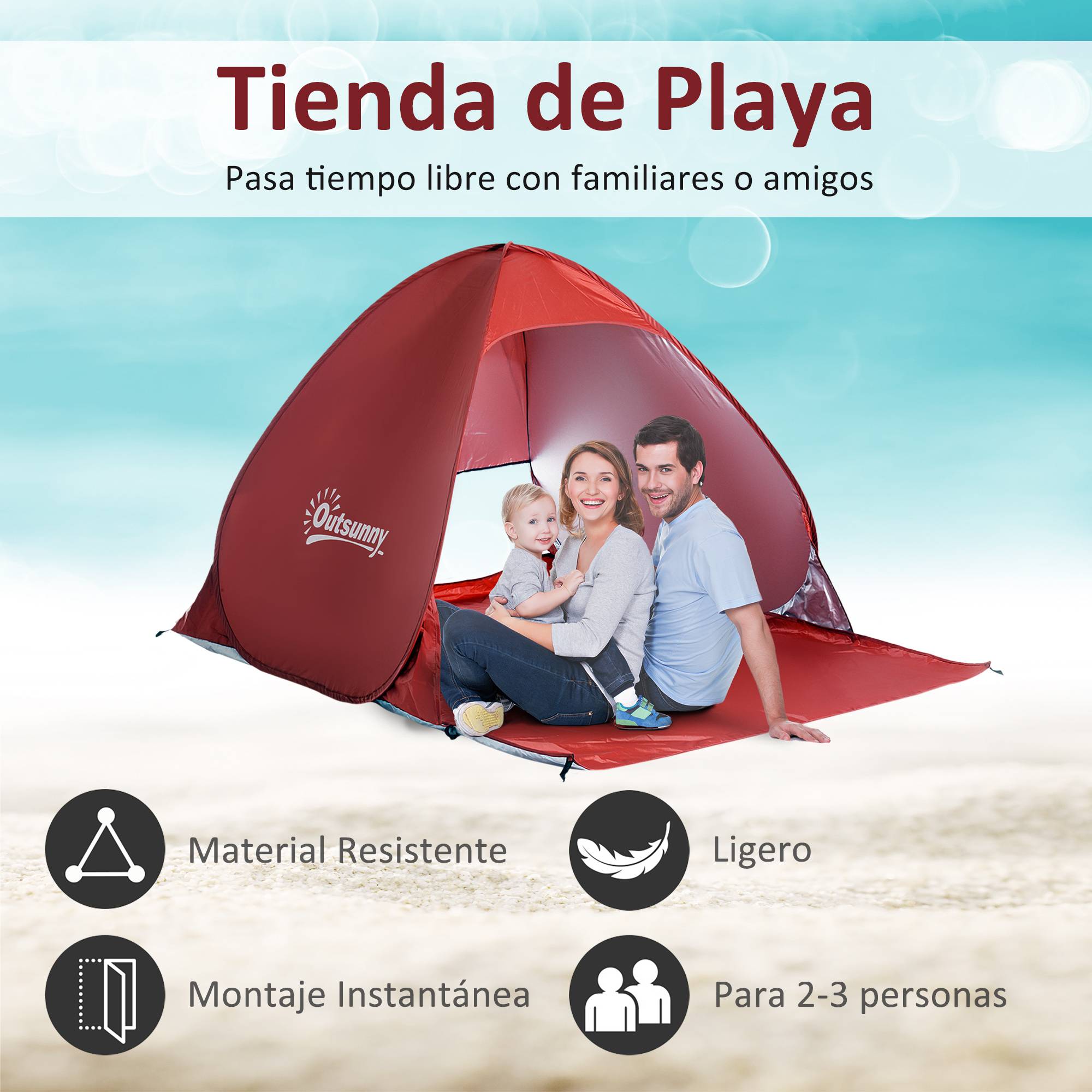 Tente de plage pliable pour 2 à 3 personnes avec fenêtres en abri et protection UV, 200 x 150 x 119 cm, rouge - Image 6