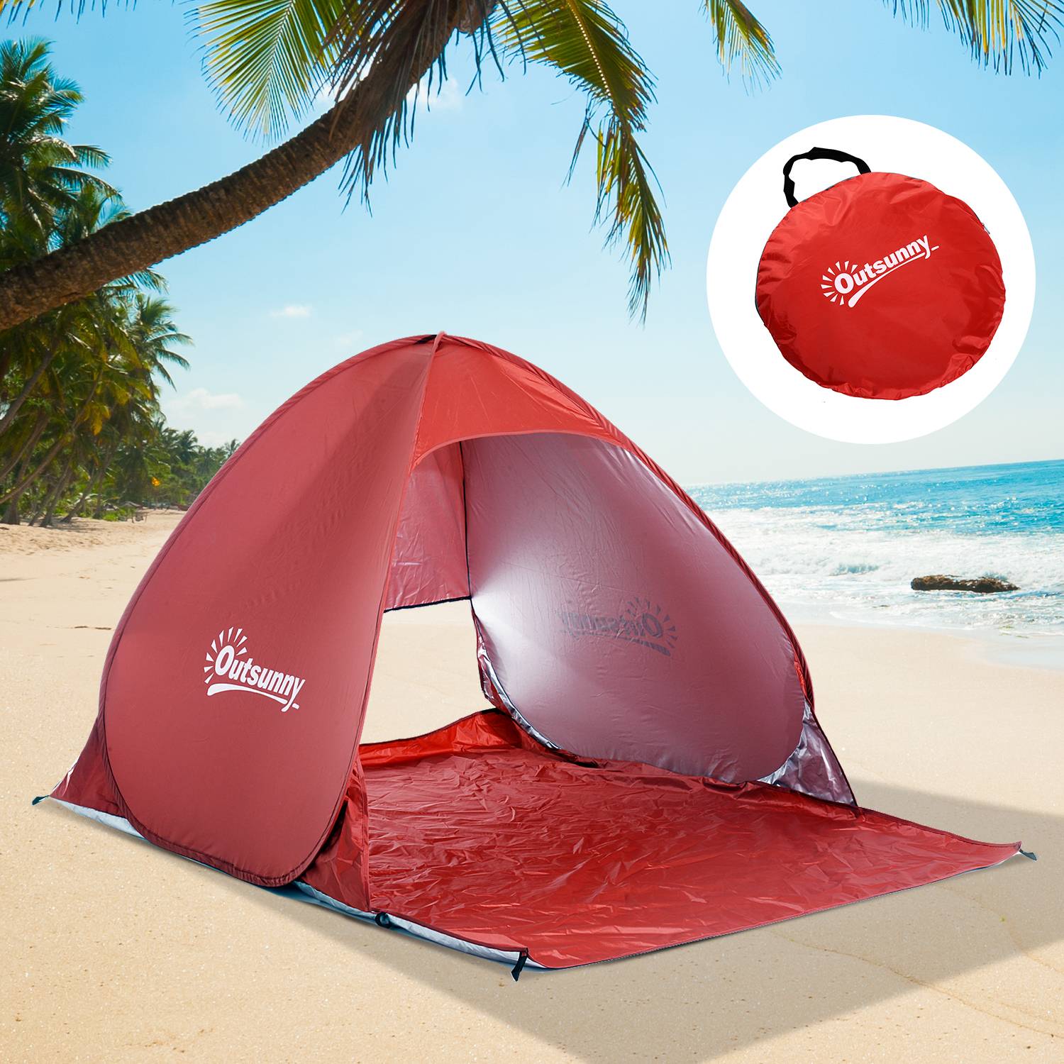 Tente de plage pliable pour 2 à 3 personnes avec fenêtres en abri et protection UV, 200 x 150 x 119 cm, rouge - Image 9