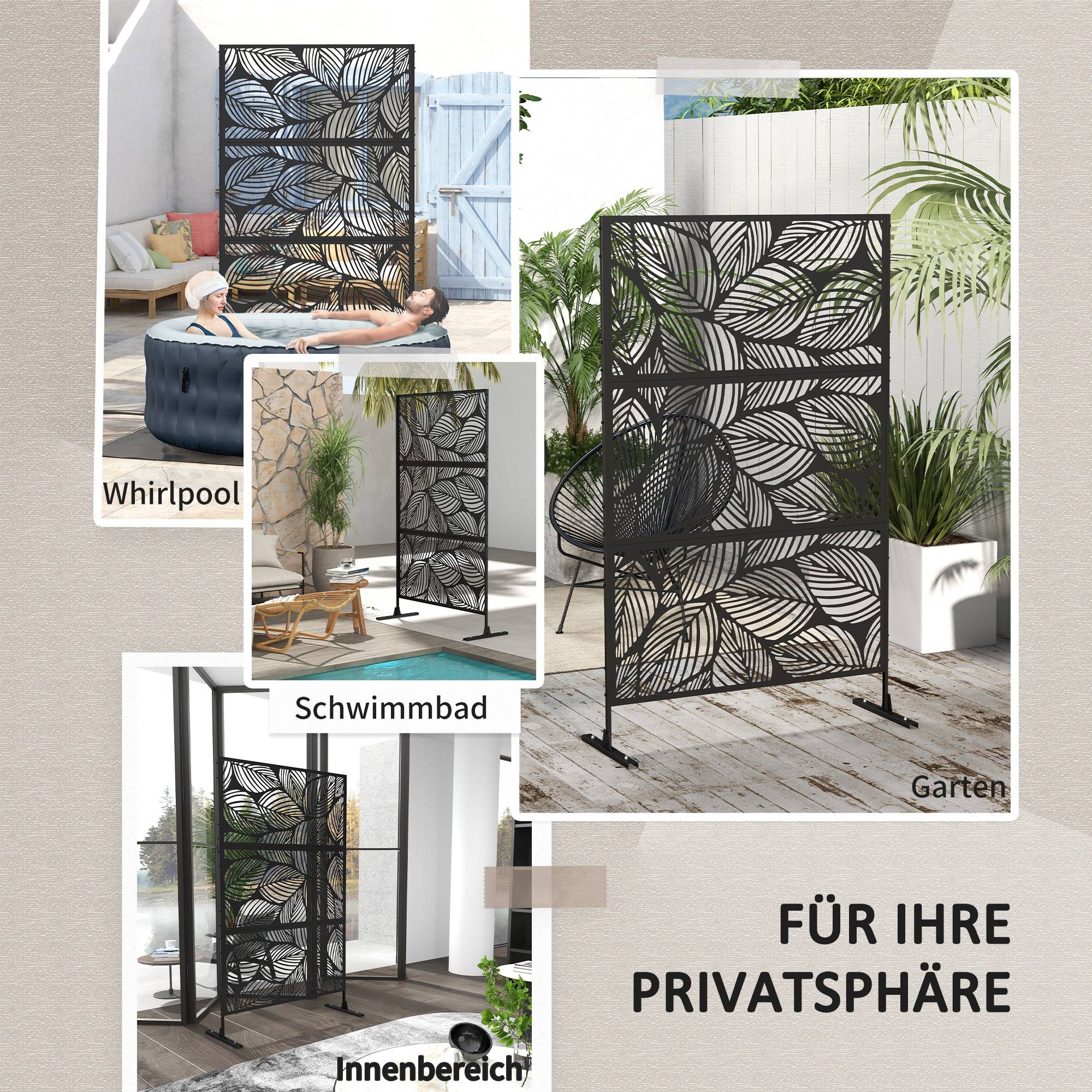 Paravent de jardin, séparateur de jardin, motif floral, métal, 122 x 45 x 198 cm, noir - Image 8