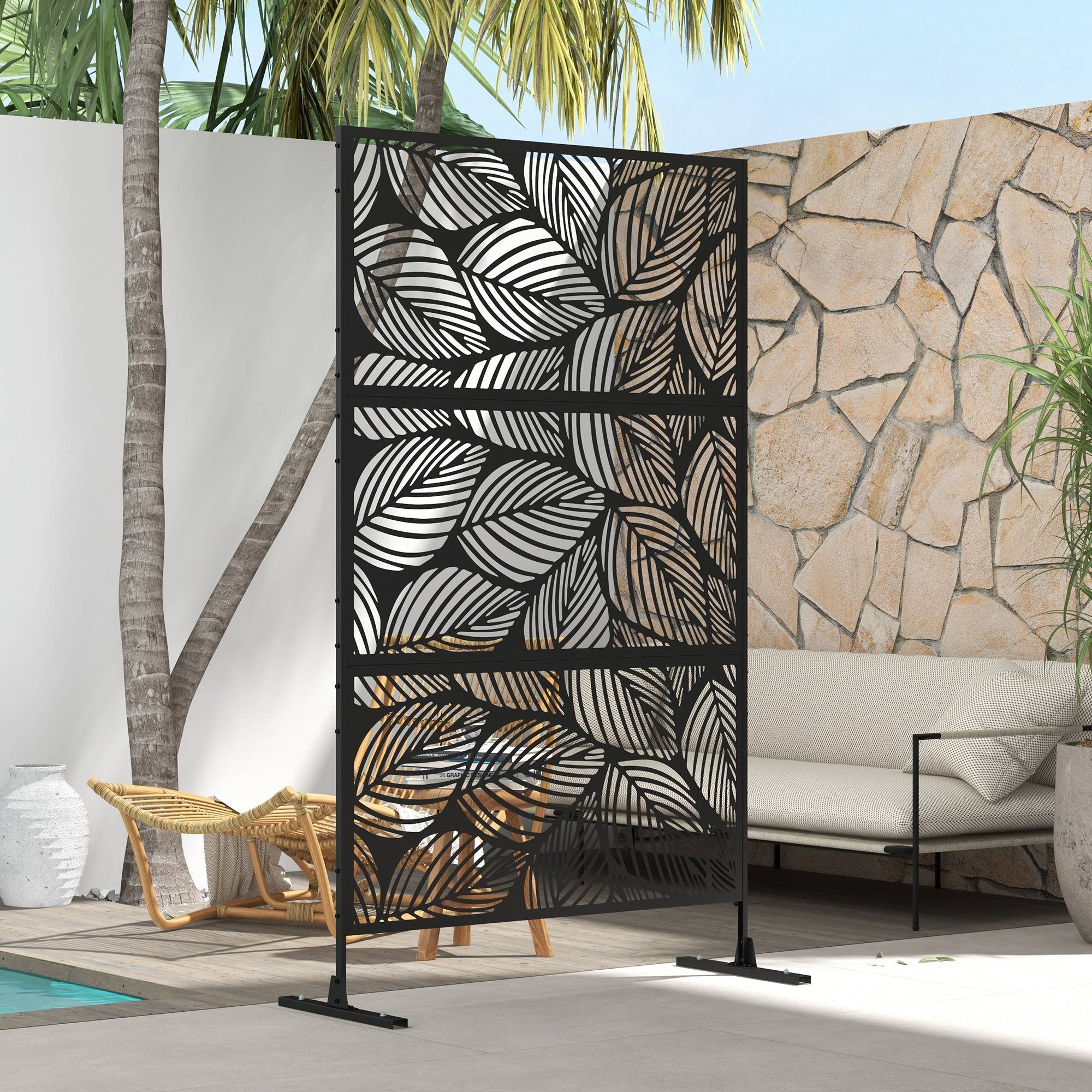 Paravent de jardin, séparateur de jardin, motif floral, métal, 122 x 45 x 198 cm, noir - Image 9