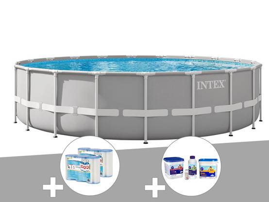 Kit piscine tubulaire Intex Prism Frame ronde 6,10 x 1,32 m + 6 cartouches de filtration + Kit de traitement au chlore