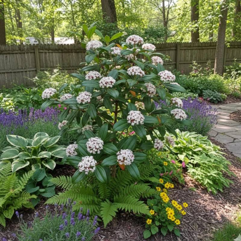 Viorne de Prague, Viburnum à fleurs Blanche - feuillage Persistant - Pot de 1,5L - 20/50 cm-  hauteur à maturité De 2,50 m à 3,00 m - Image 4