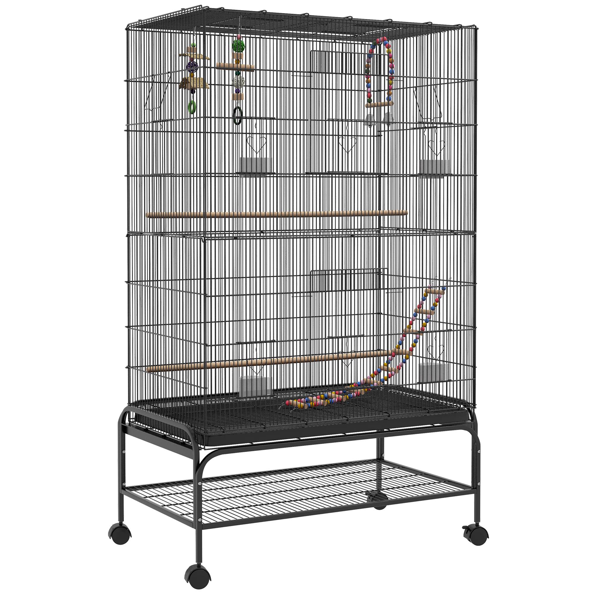 ComfortXL - Cage à oiseaux acier noir 97 x 58 x 160 cm pour canaris et pinsons toit ouvrant roulettes et plateau amovible - Image 10