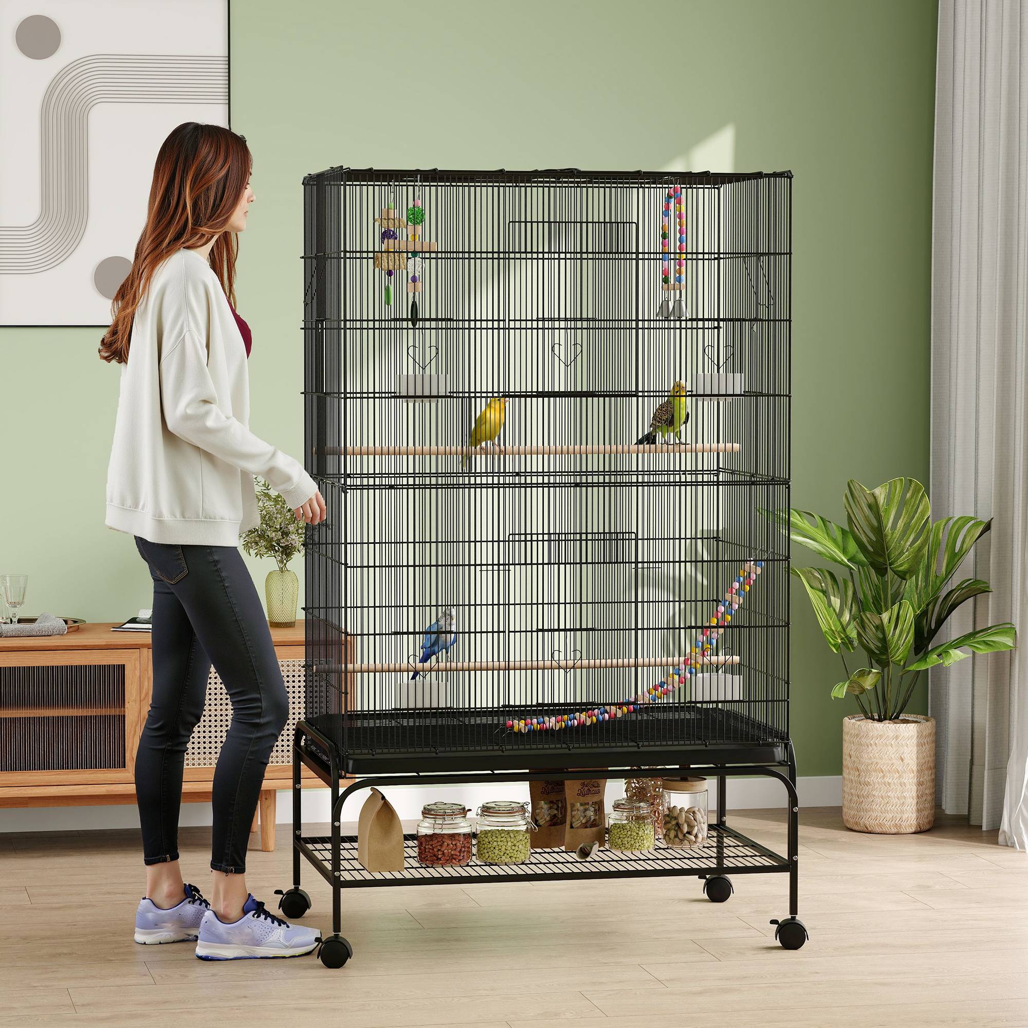 ComfortXL - Cage à oiseaux acier noir 97 x 58 x 160 cm pour canaris et pinsons toit ouvrant roulettes et plateau amovible