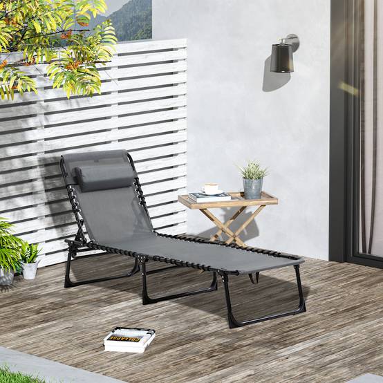Chaise longue de jardin pliante avec dossier inclinable 5 positions et coussin, 185 x 58 x 30 cm, grise - Image 3