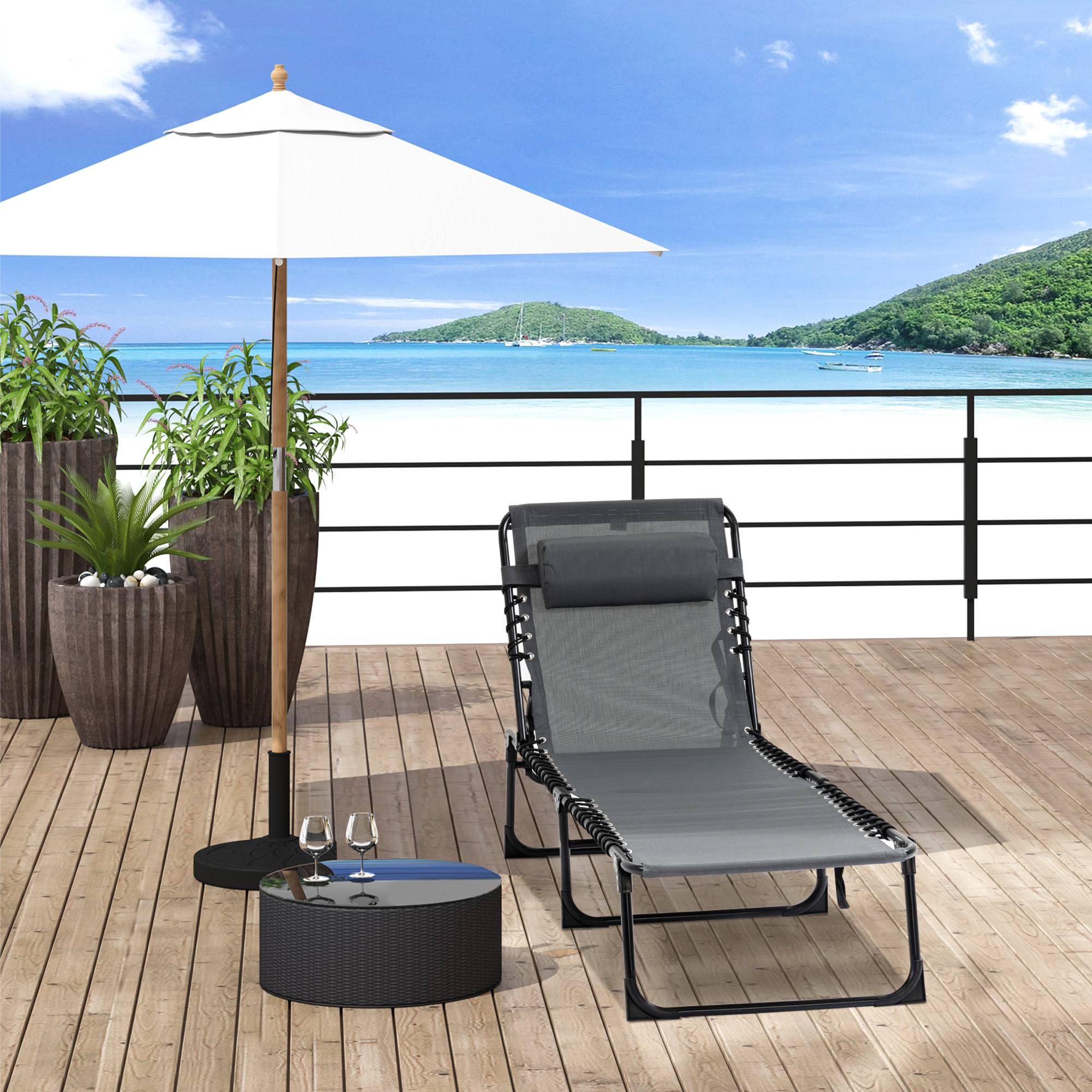 Chaise longue de jardin pliante avec dossier inclinable 5 positions et coussin, 185 x 58 x 30 cm, grise - Image 4