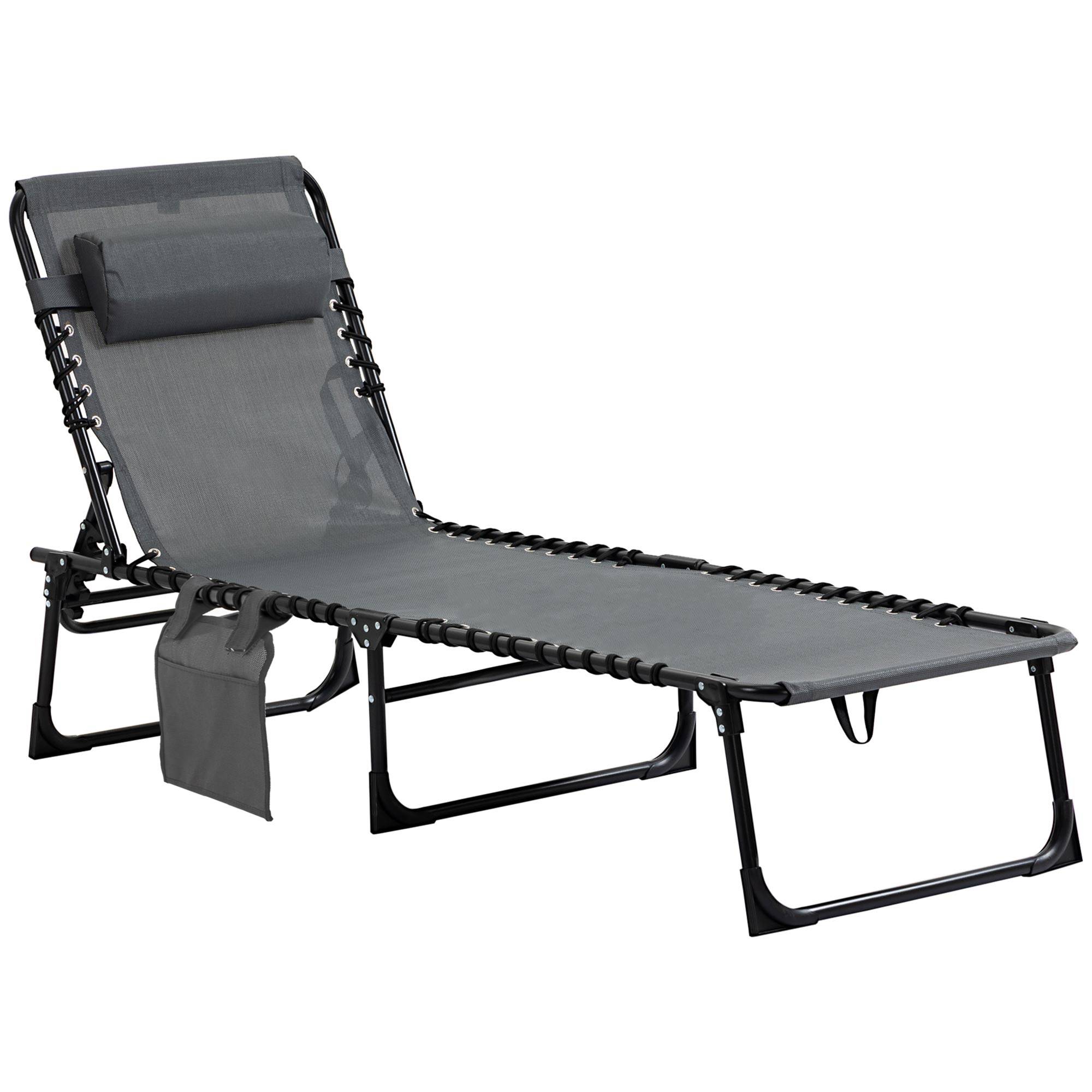 Chaise longue de jardin pliante avec dossier inclinable 5 positions et coussin, 185 x 58 x 30 cm, grise - Image 2