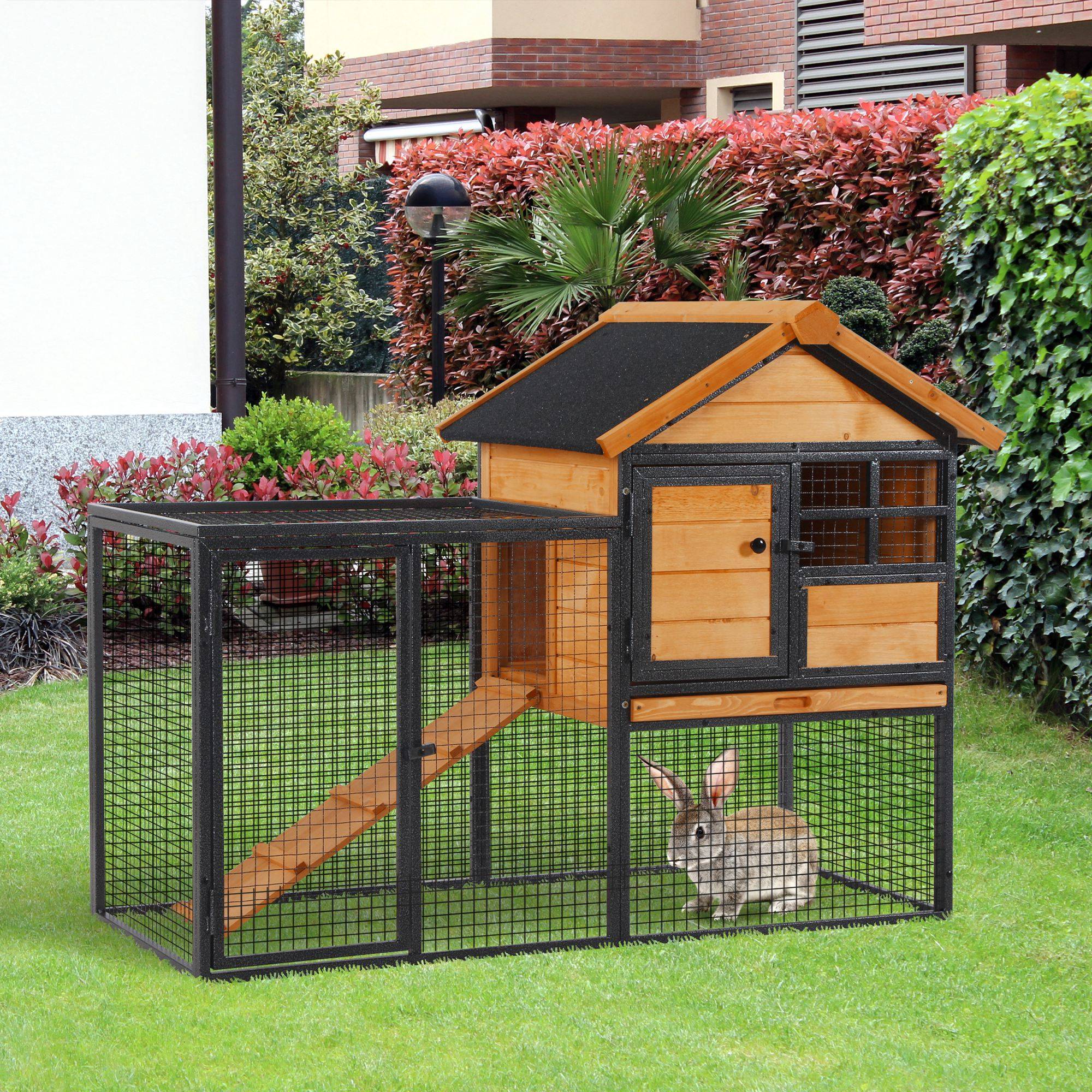Sans Marque - Clapier extérieur lapins/cochons Inde cage petits animaux 2 niveaux rampe plateau amovible bois/métal 122x63x92 cm gris - Image 4
