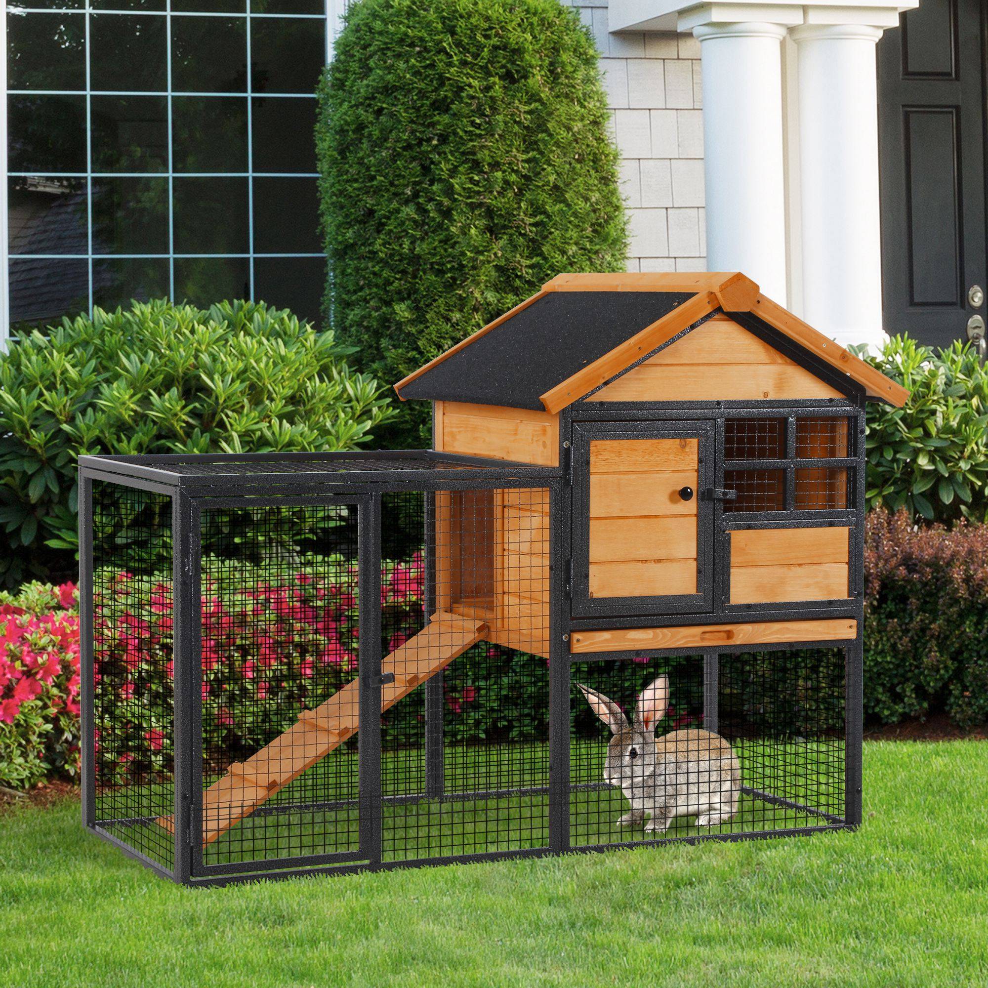 Sans Marque - Clapier extérieur lapins/cochons Inde cage petits animaux 2 niveaux rampe plateau amovible bois/métal 122x63x92 cm gris - Image 3