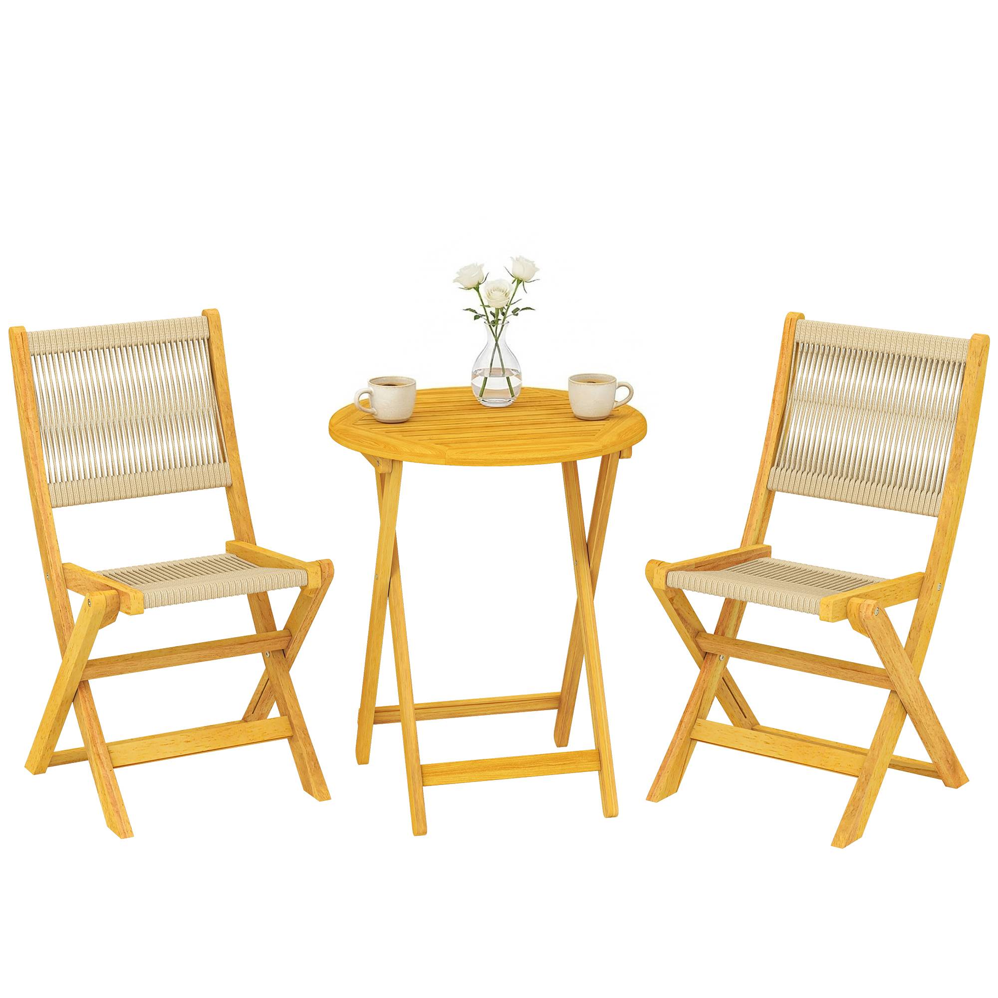 Maison Chic - Salon de Jardin Ensemble Bistro 3 Pièces Table Ronde et 2 Chaises Pliables Design Boho Bois d'Acacia Cordage PP Naturel - Image 3