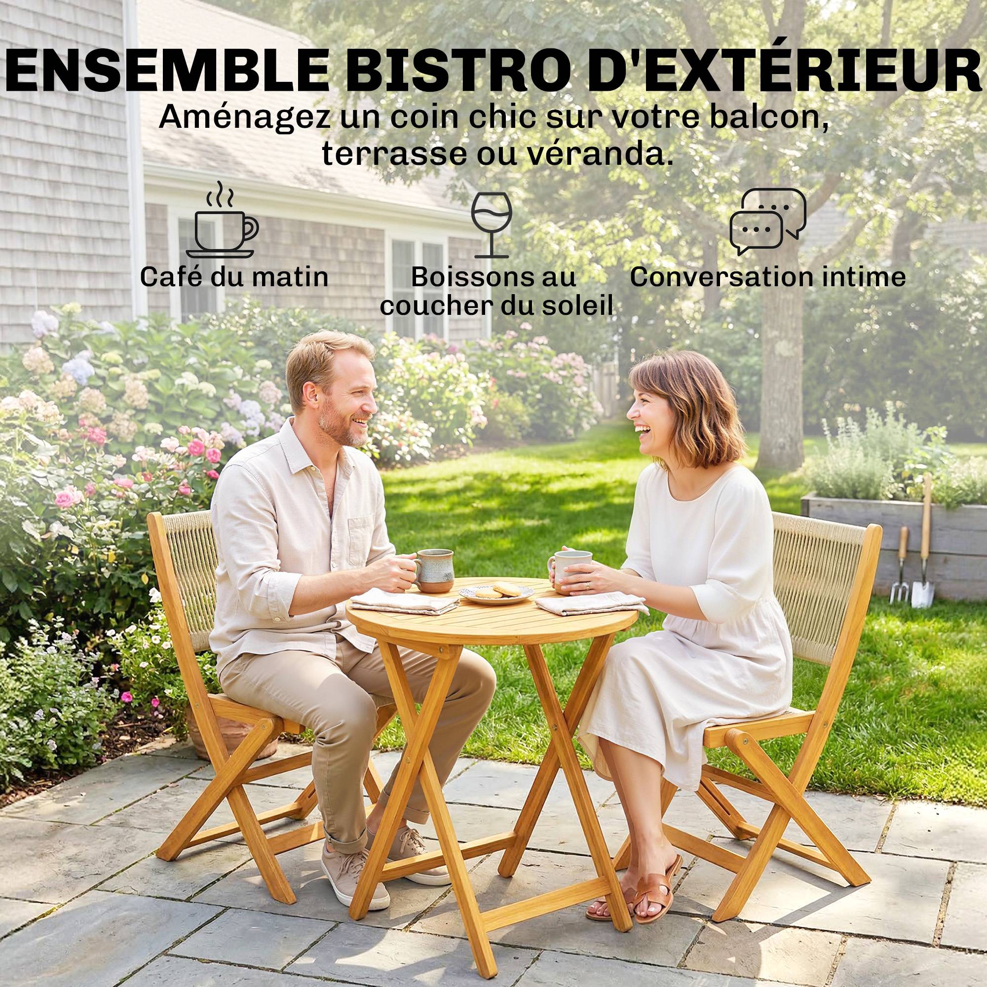 Maison Chic - Salon de Jardin Ensemble Bistro 3 Pièces Table Ronde et 2 Chaises Pliables Design Boho Bois d'Acacia Cordage PP Naturel - Image 6