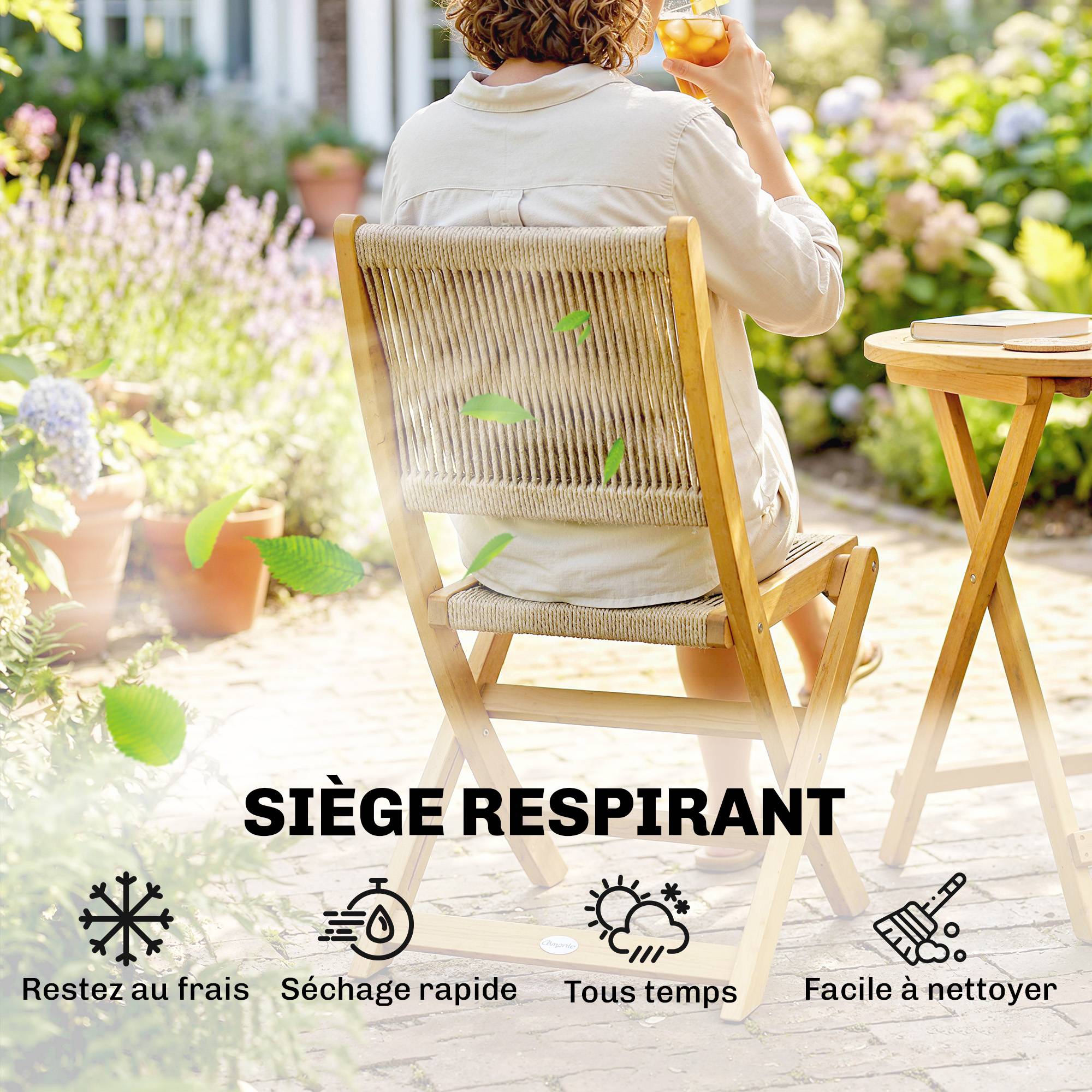Maison Chic - Salon de Jardin Ensemble Bistro 3 Pièces Table Ronde et 2 Chaises Pliables Design Boho Bois d'Acacia Cordage PP Naturel - Image 7