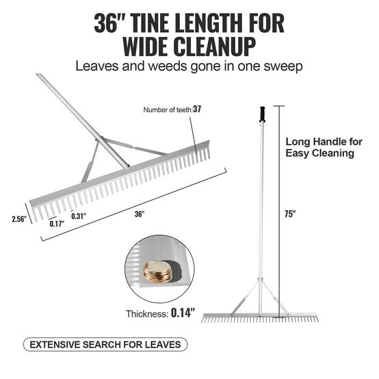 Vevor - Râteau paysager aluminium, tête 36" 37 dents, manche 75" antidérapant, pour pelouse, jardin, étang et nettoyage de surface. - Image 3