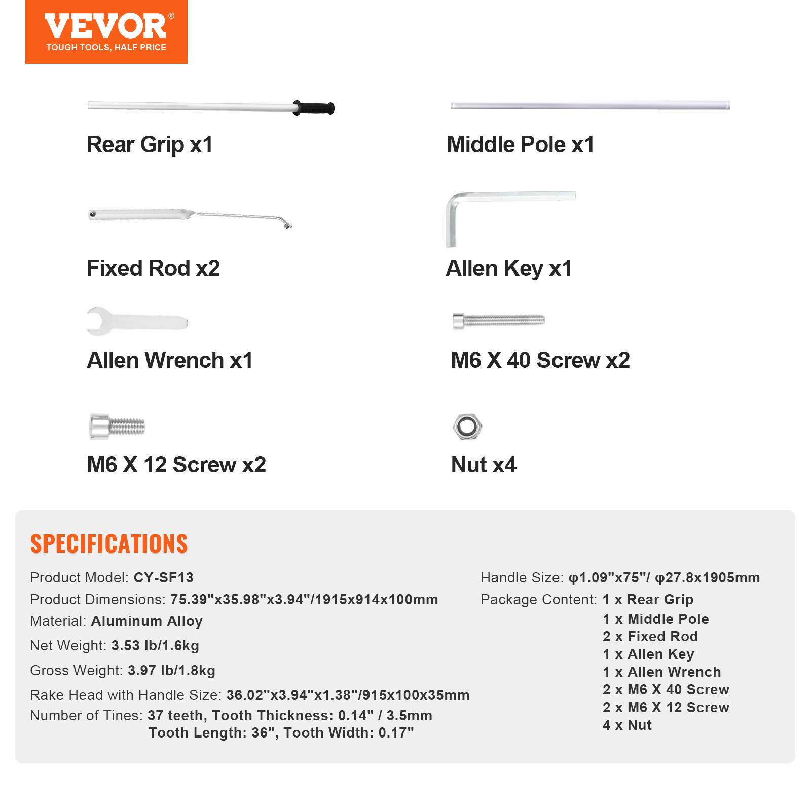 Vevor - Râteau paysager aluminium, tête 36" 37 dents, manche 75" antidérapant, pour pelouse, jardin, étang et nettoyage de surface. - Image 6