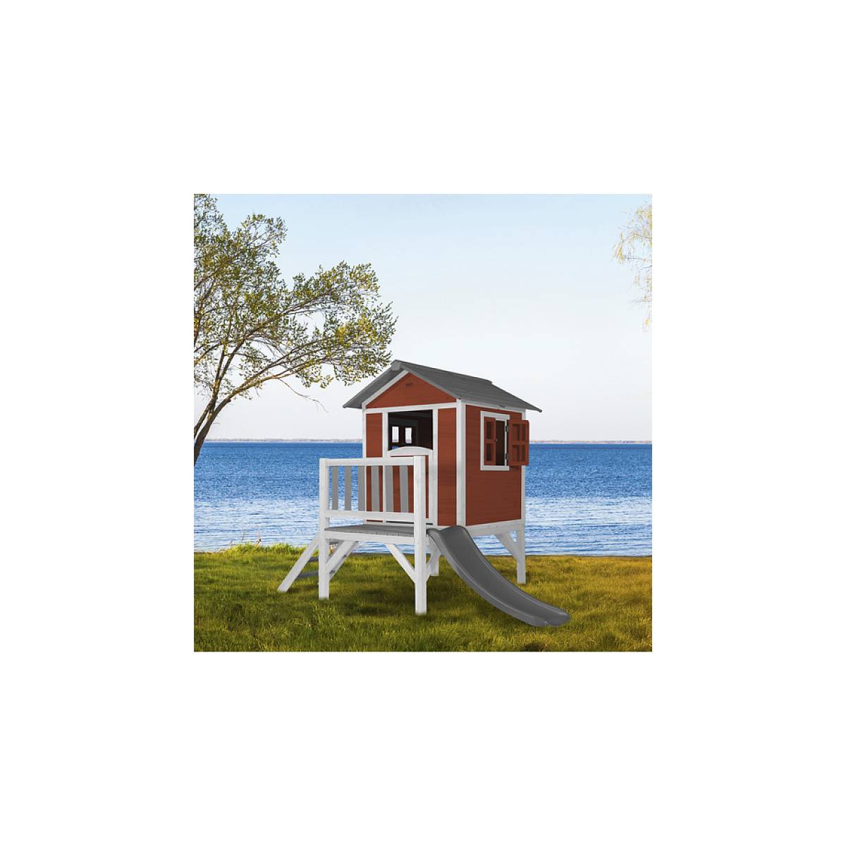 Maisonnette AXI Beach Lodge XL en Rouge Scandinave avec Toboggan Gris - Maison de Jeu pour Enfants - Image 6