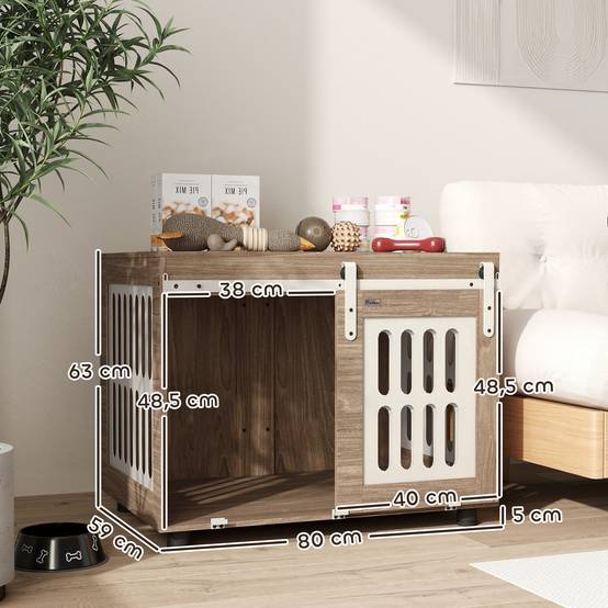 Meuble cage chien bois et acier taille moyenne porte coulissante 80x59x63cm noyer - ComfortXL Outdoor Living - Image 5