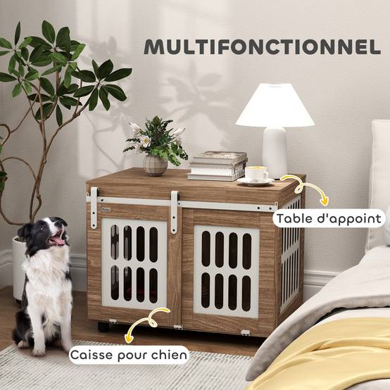 Meuble cage chien bois et acier taille moyenne porte coulissante 80x59x63cm noyer - ComfortXL Outdoor Living - Image 6
