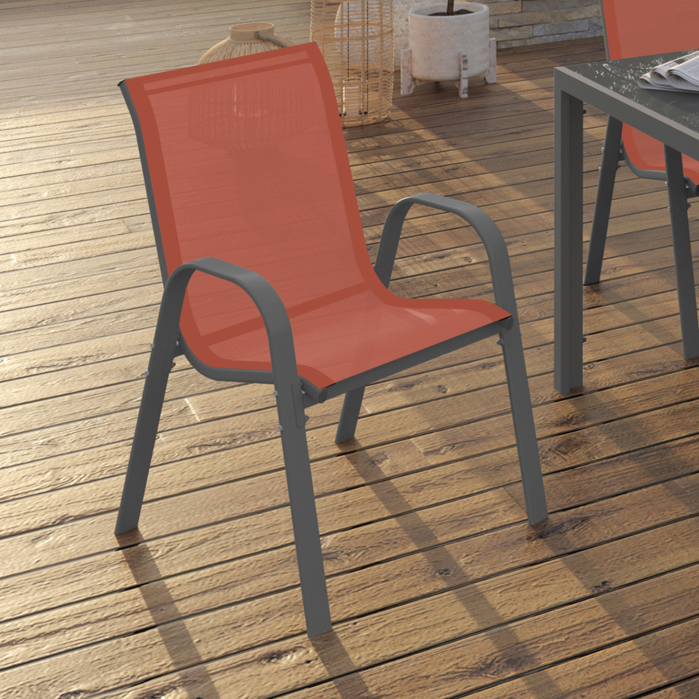 Lot de 4 chaises de jardin LYMA métal et textilène empilables terracotta - Image 1