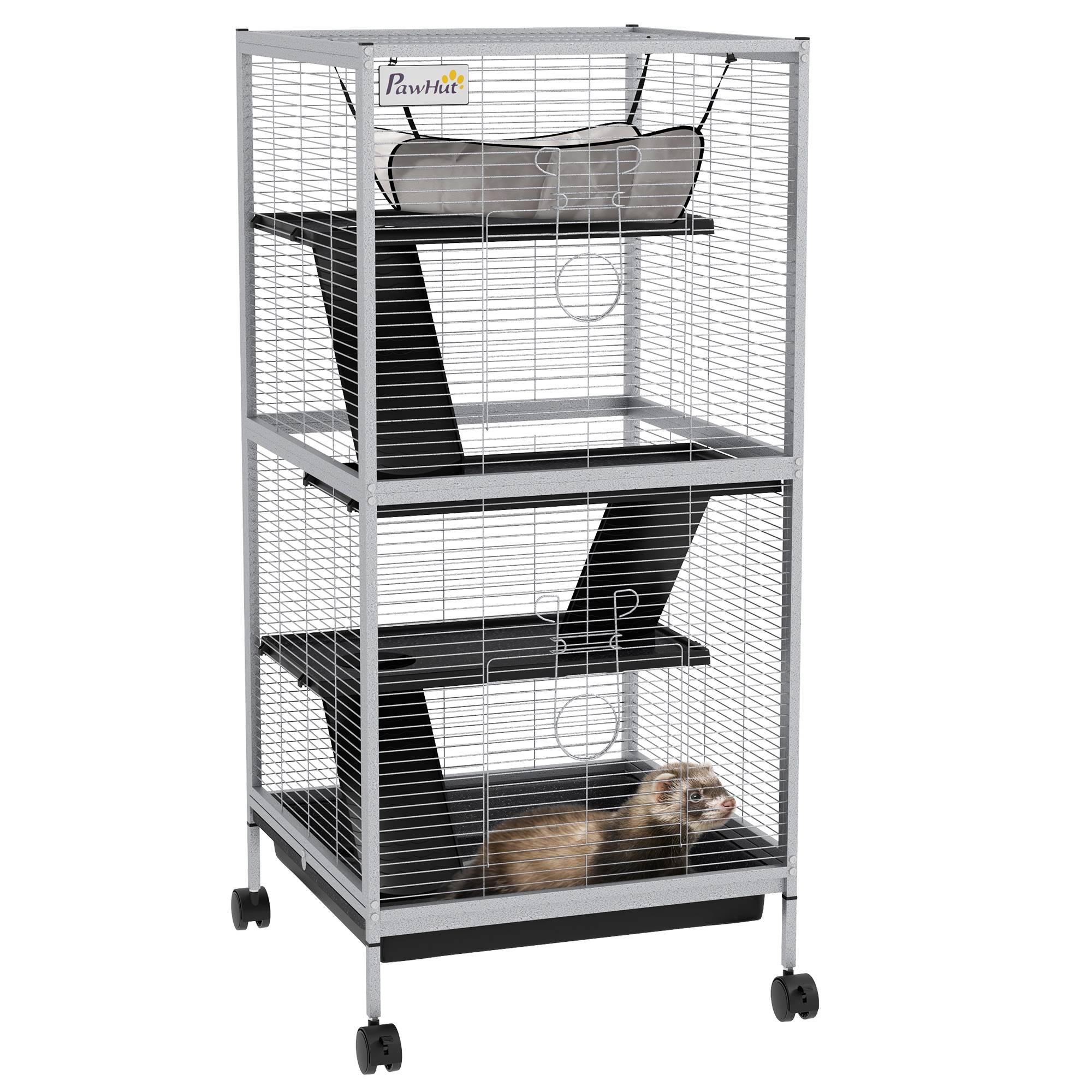 Sans Marque - Cage petits animaux roulettes 2 portes 3 rampes hamac suspendu plateau amovible 52x52x113,5 cm grise - Image 1